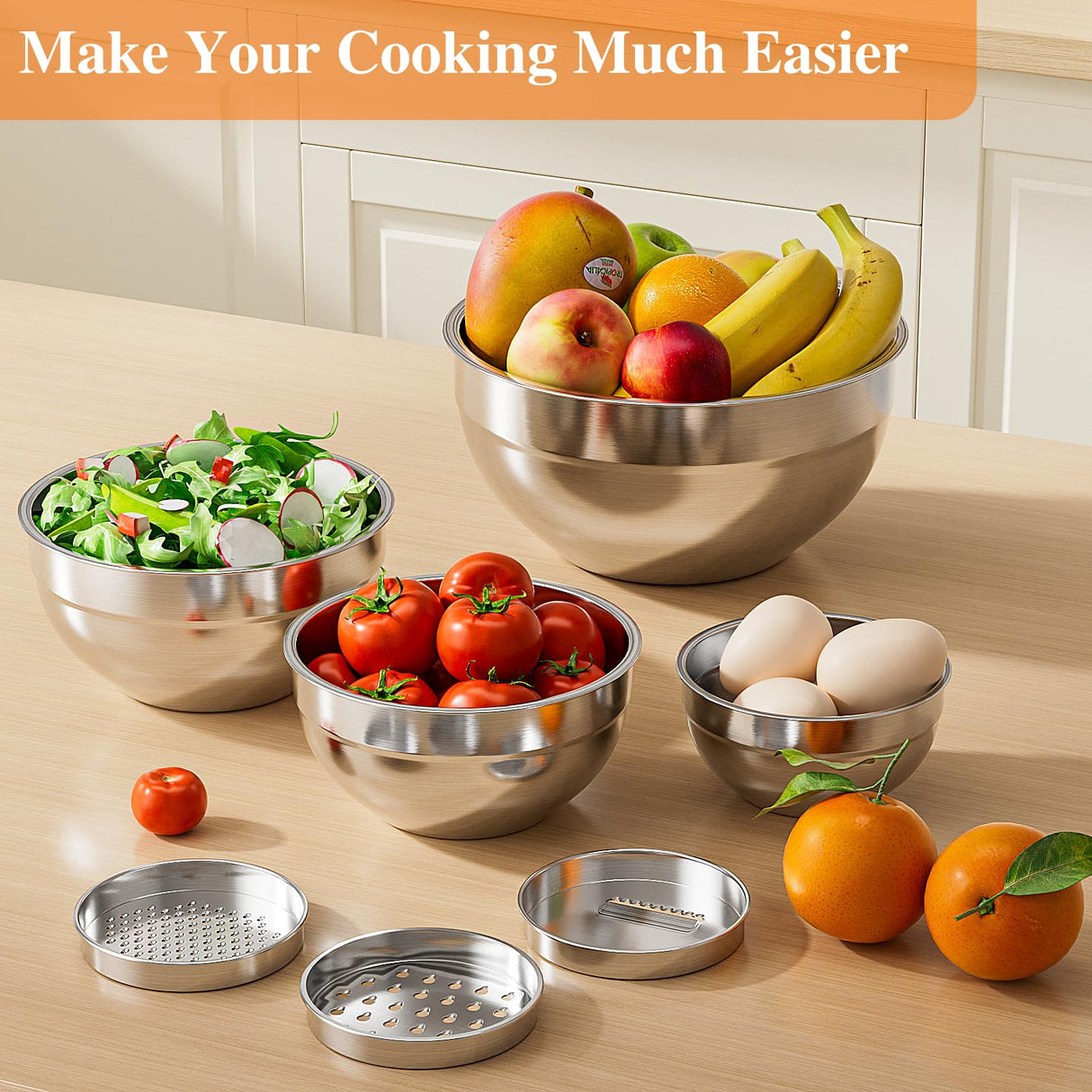 Winproper Mixing Bowls with Lids Set, 6 PCS Stainless Steel Mixing Bowls with 3 Grater Attachments, Kitchen Food Storage Organizers Nesting Mixing Bowl, Large Size 4.5, 3.5, 2.1, 1.5, 1.1, 0.7QT Winproper