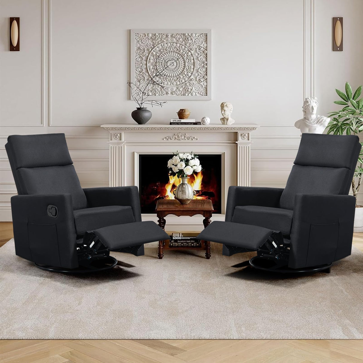 LONWIK Swivel Rocker Recliner Chairs Set of 2, Upholstered Fabric Nursery Rocking Glider Chair with Adjustable Backrest and Footrest, Lay Flat Recliner Single Lazy Sofa for Living Room(Black) LONWIK