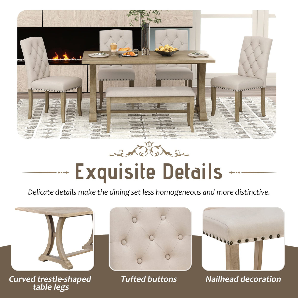 Harper & Bright Designs Classic and Traditional Style 6 - Piece Dining Set, Includes Dining Table, 4 Upholstered Chairs & Bench (White+Gray) (White+Gray) (Natural Wood Wash1) Harper & Bright Designs