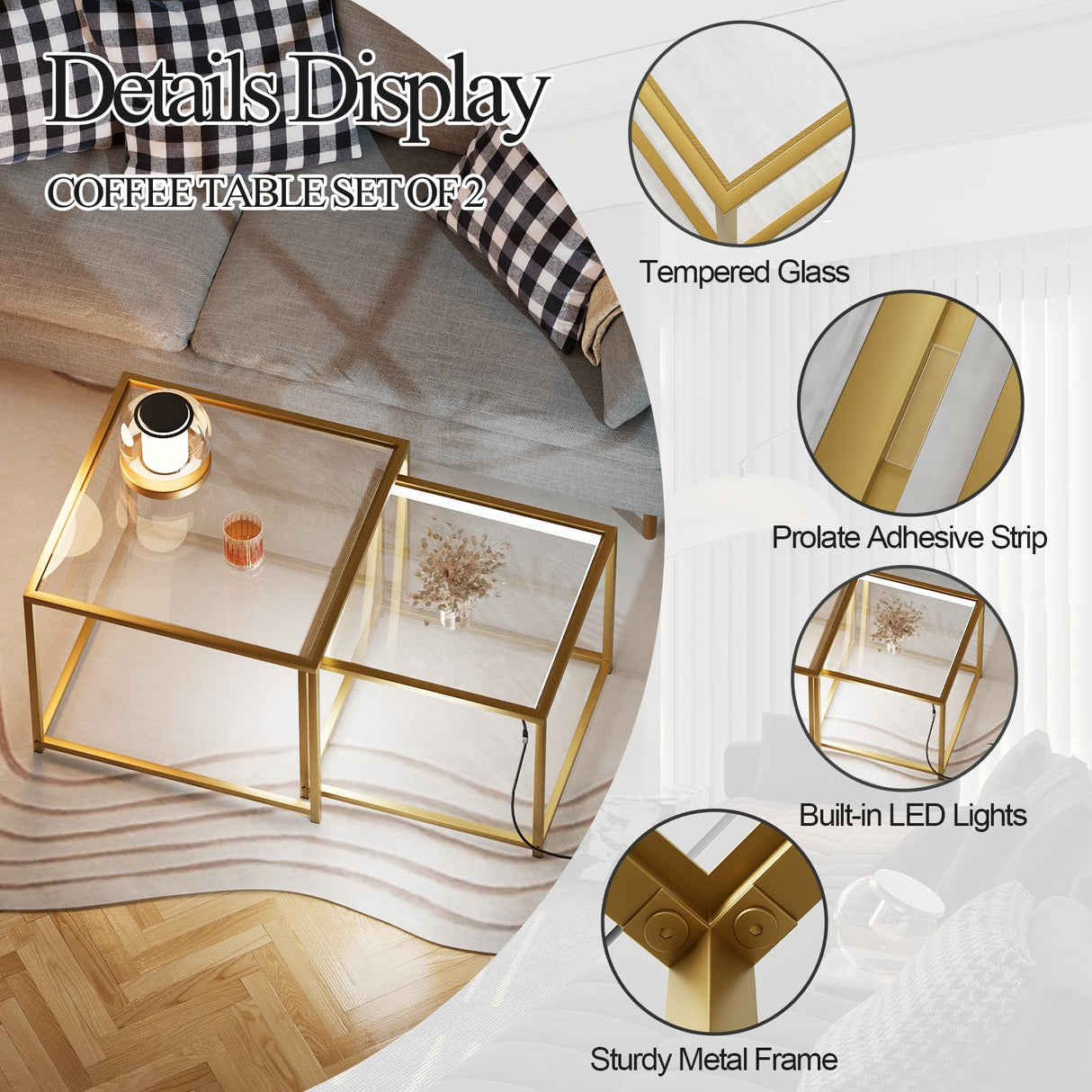 Nesting Coffee Table Set of 2, Gold Glass Coffee Tables, Square Center Coffee Table for Living Room,Nesting Tables with LED Lights for Home, Office, Bedroom, Tempered Glass-top with Sturdy Metal Frame Adompacat