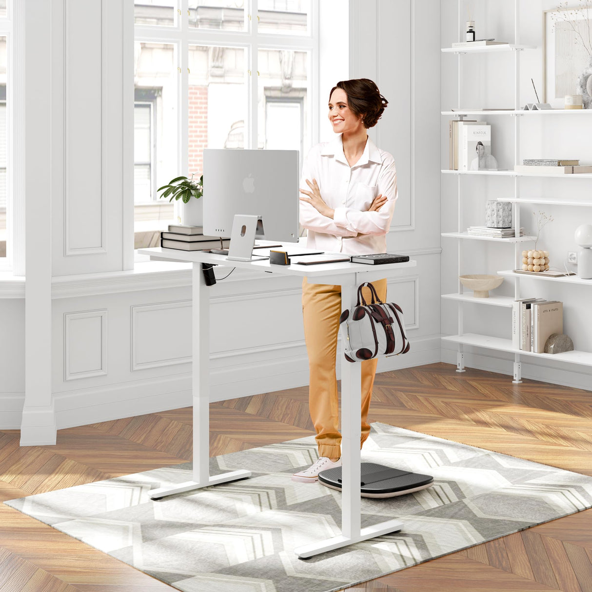 Meilocar Height Adjustable Electric Standing Desk, Adjustable Desk Standing Desk with Memory Controller, White Adjustable Standing Desk with Splice Board, 48" x 24" Tabletop (White Top + White Frame) Meilocar