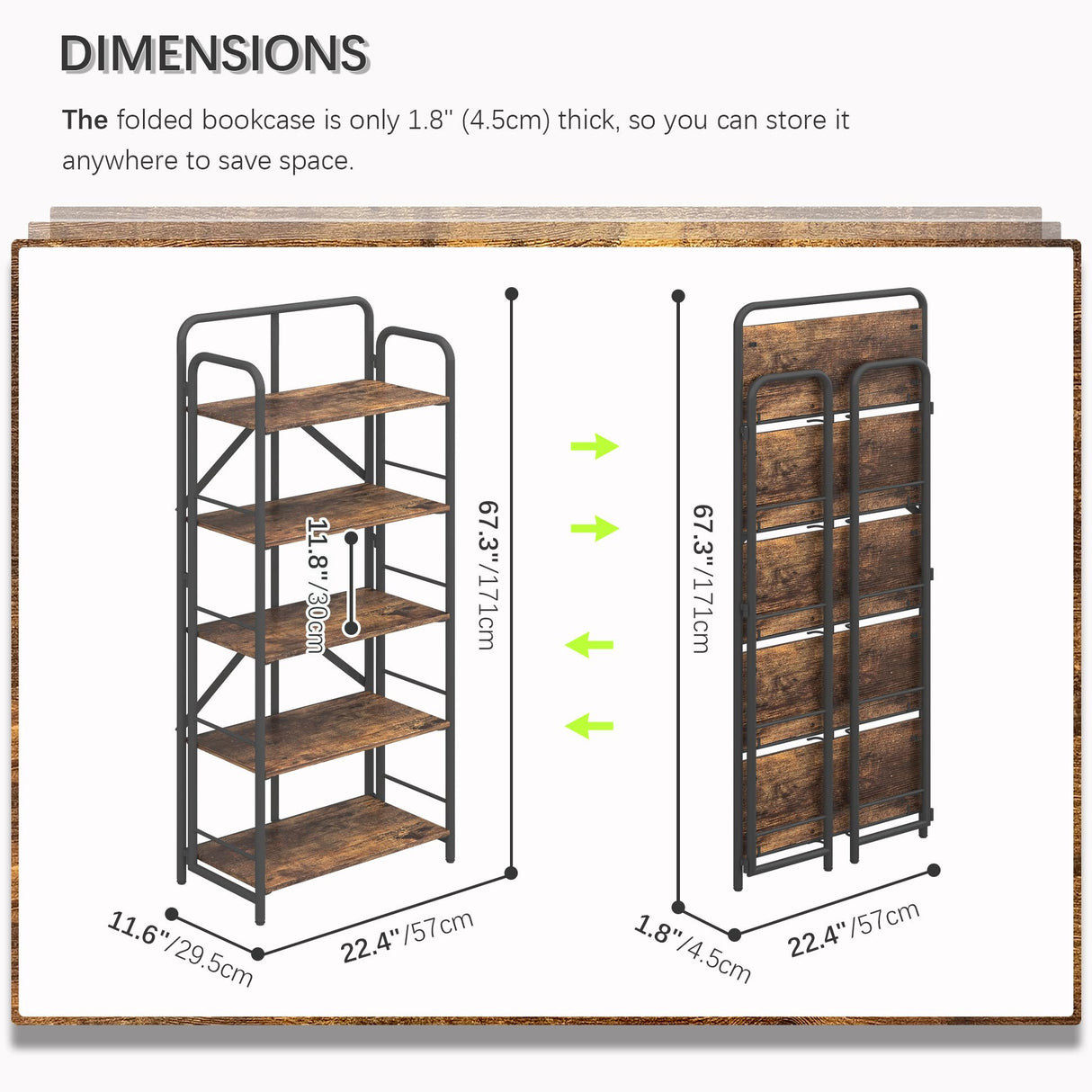 4NM No Assembly Folding Bookshelf, 5 Tier Vintage Industrial Book Shelf,Metal Foldable Storage Bookcase and Bookshelves for Living Room,Bedroom and Kitchen - Rustic Brown 4NM