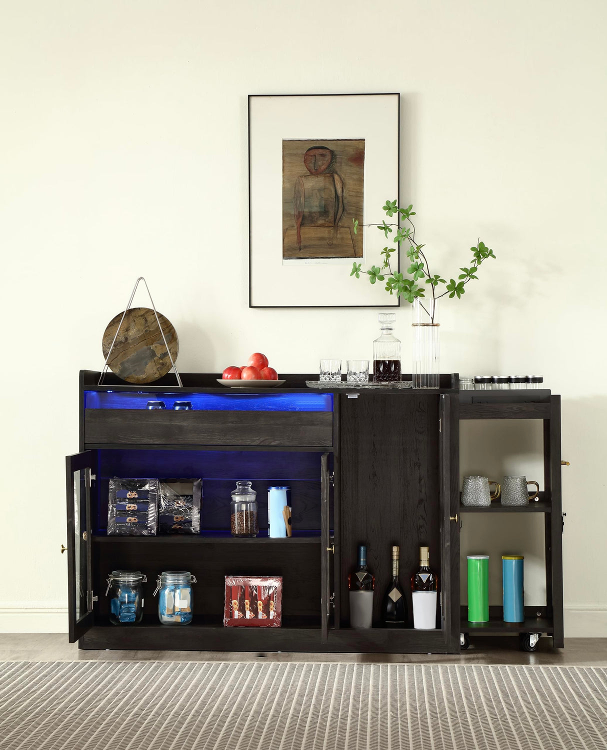 FOREST GRAVITY Smart Buffet Cabinet ,Sidecart brining Things Anywhere You Want,Coffee bar Cabinet, Liquor Cabinet,Sideboard Cabinet,Dancing LED Lighting, with 3 Doors,for Kitchen,Living Room,Black FOREST GRAVITY