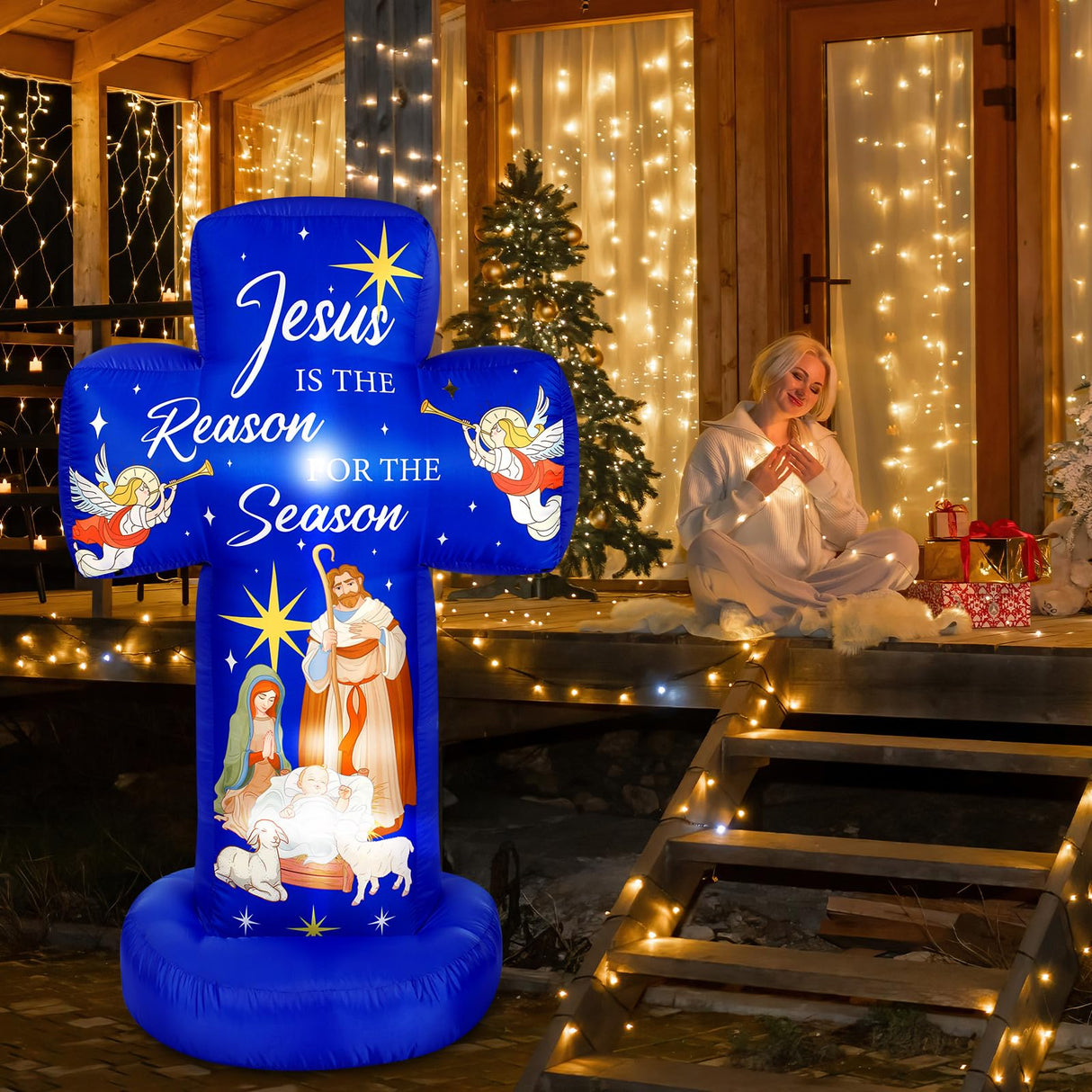 Civaner 6FT Christmas Inflatable Nativity Scene Decoration with Built in LED Lights, Jesus is The Reason for The Season Christmas Holy Nativity Decoration for Xmas Outdoor Yard Garden Lawn Civaner