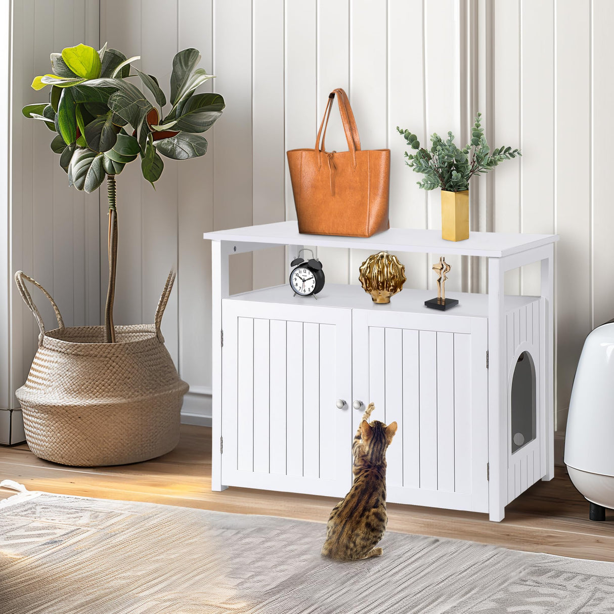 ZENY Cat Litter Box Enclosure, Cat Litter Box Furniture Hidden with Open Shelf, Wooden Cat Litter Cabinet with Divider, Indoor Cat Washroom Storage Bench, White ZENY