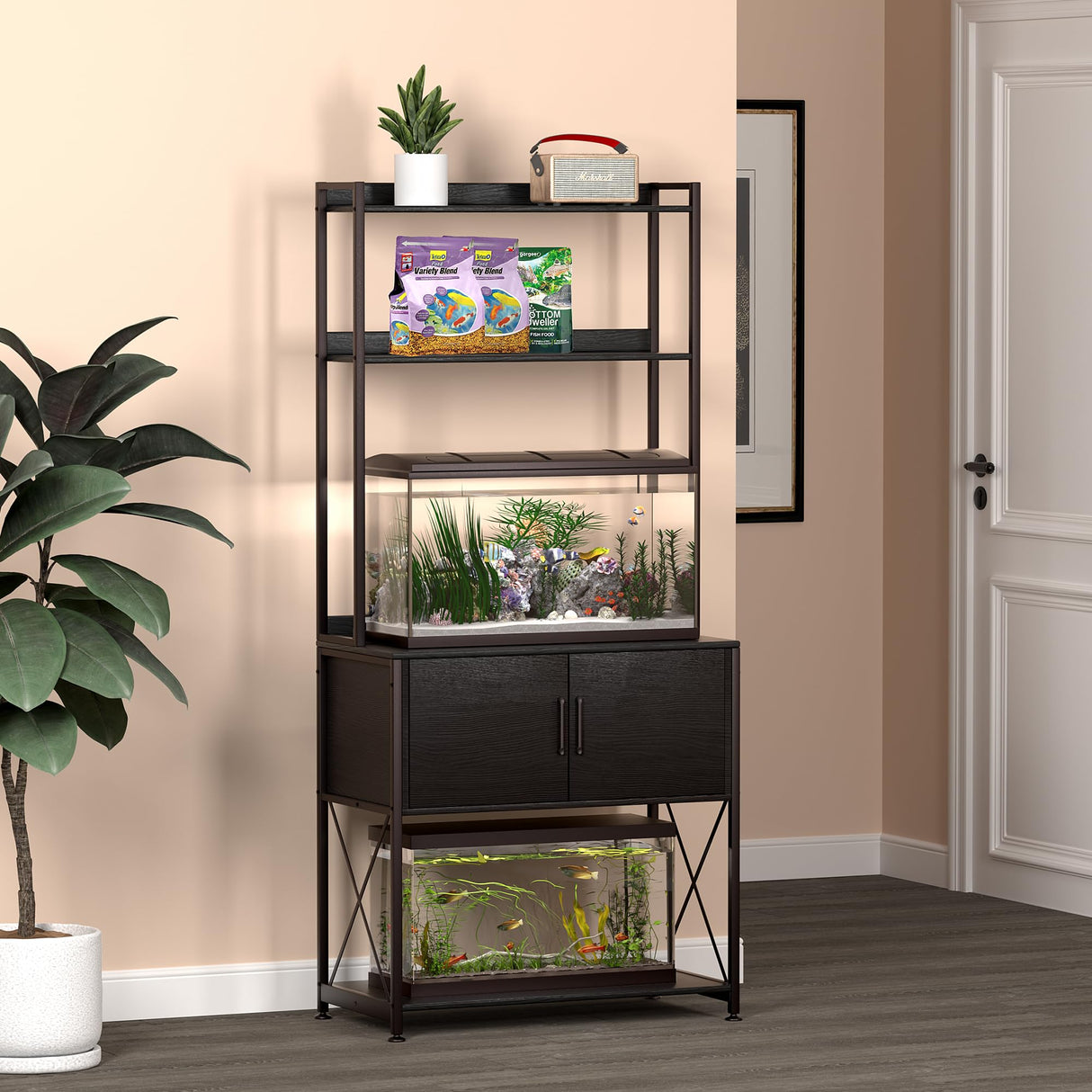 Herture 20-29 Gallon Fish Tank Stand, Aquarium Stand with 2 Shelves and Cabinet Accessories Storage, for 20 Gallon Long Aquarium, Metal Frame 32.28" L*16.53" W PG03YGB Herture