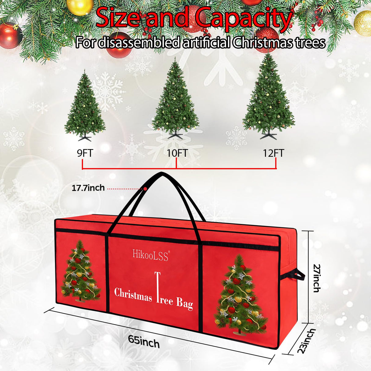 HikooLSS Christmas Tree Storage Bag 12 Ft Tall Tree Container/Holder Heavy Duty Oxford Dual Mesh Pockets,Moistureproof,Extra Large Christmas Tree Box for Big Xmas Tree Wide Opening Red(65X23X27in) HikooLSS