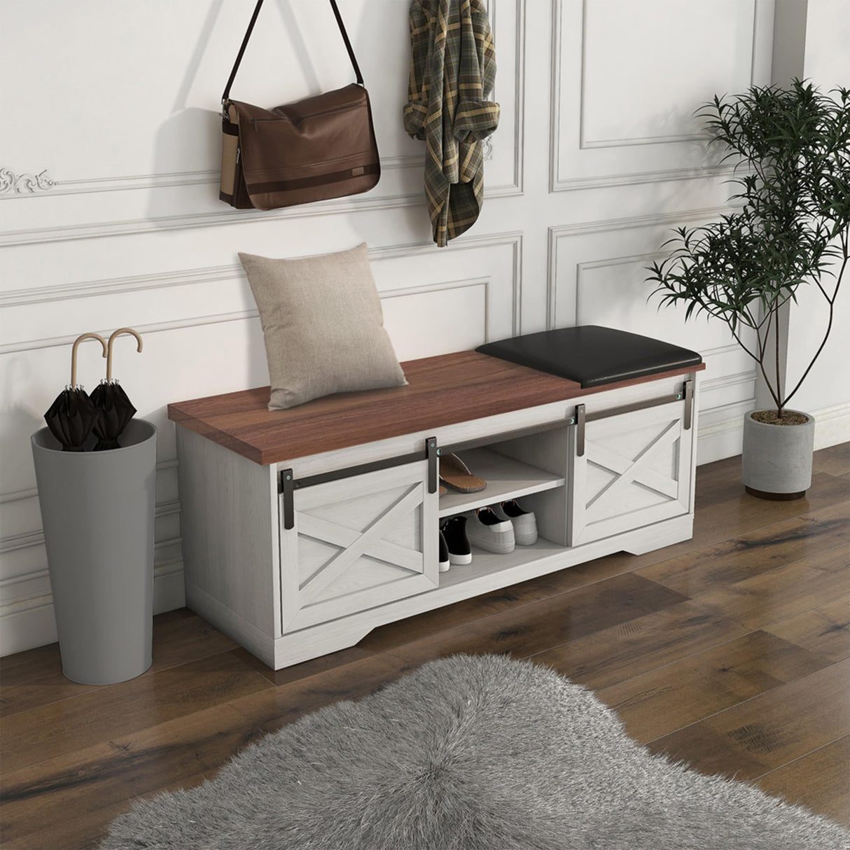 IDEALHOUSE 47'' Farmhouse Shoe Storage Bench with Padded Seat Cushion, End of Bed Entryway Bench with 2 Barn Doors, Adjustable Shelf for Entryway, Living Room, Bedroom White IDEALHOUSE