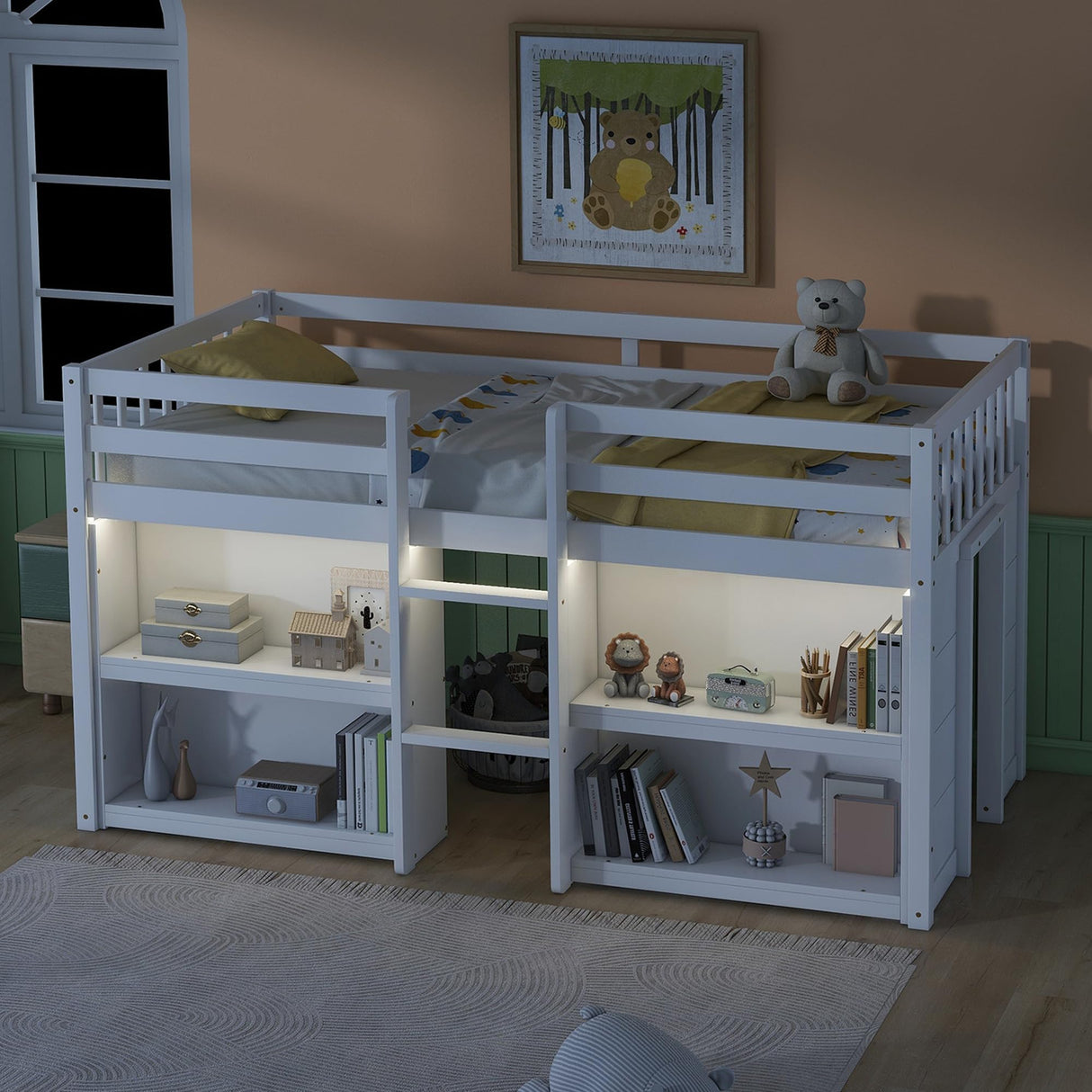 HZANHY Modern Farmhouse Twin Low Loft Bed with Storage, Stairs, Two-Tier Shelves, and LED Light for Kids HZANHY