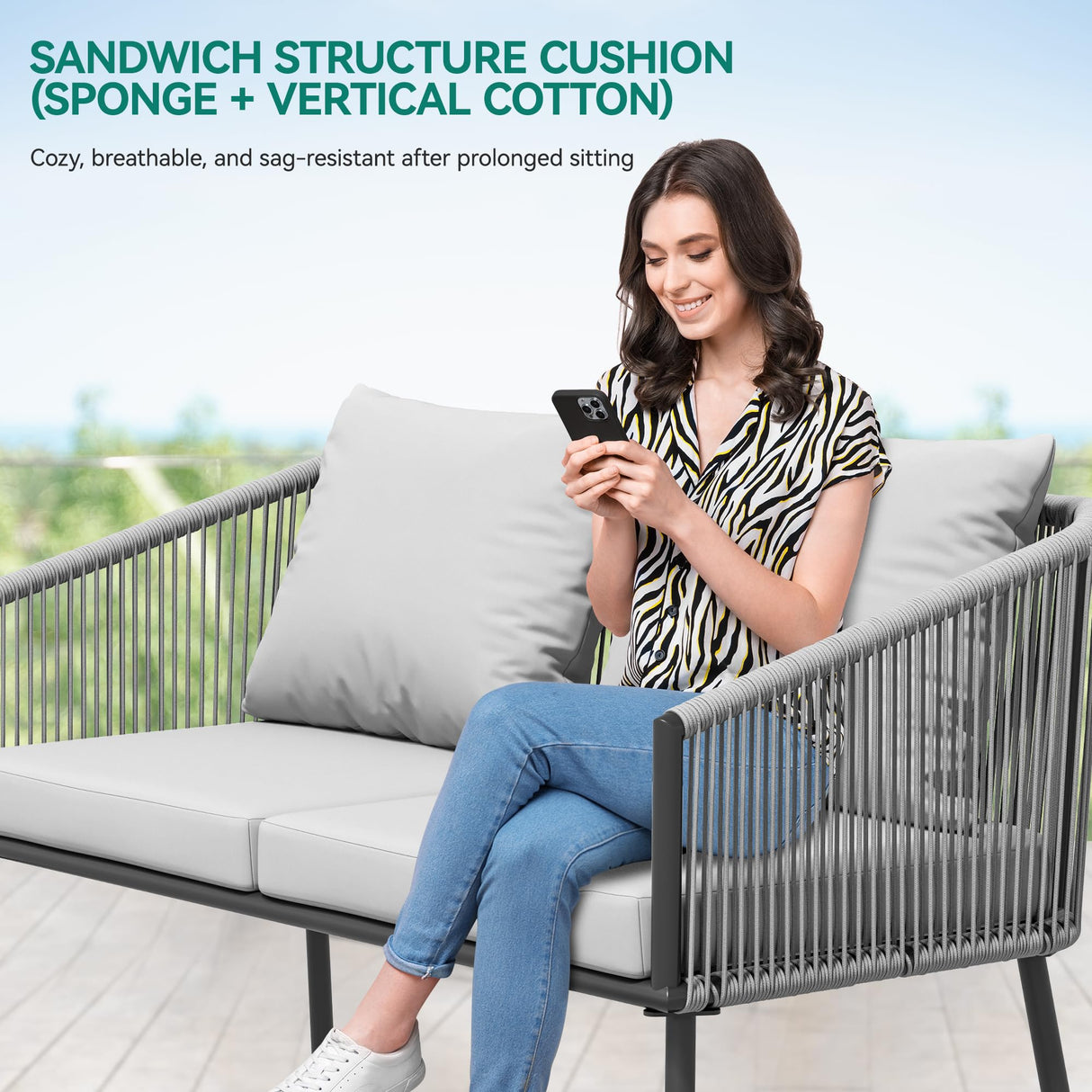 YITAHOME 4-Piece Patio Furniture Outdoor Bistro Set, All Weather Double Gray Rope Conversation Loveseat for Backyard, Balcony, Deck with Soft Cushions and Metal Table (Gray) YITAHOME