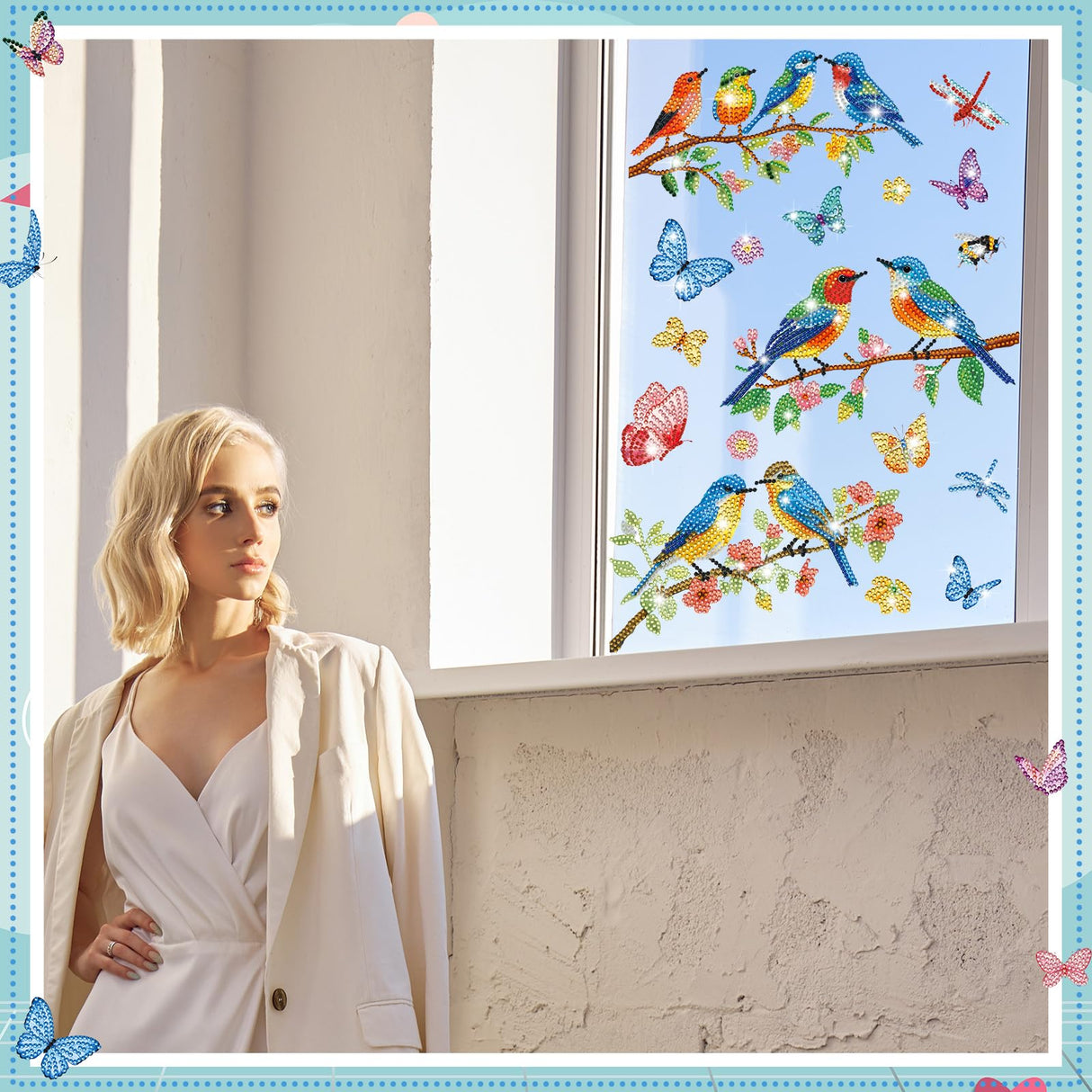 Saillong 32 Pcs Spring Diamond Painting Window Stickers Hummingbird Butterfly Flower Stained Glass Window Decals Spring Diamond Art Kits for Adults DIY Accessories Home Decor Saillong