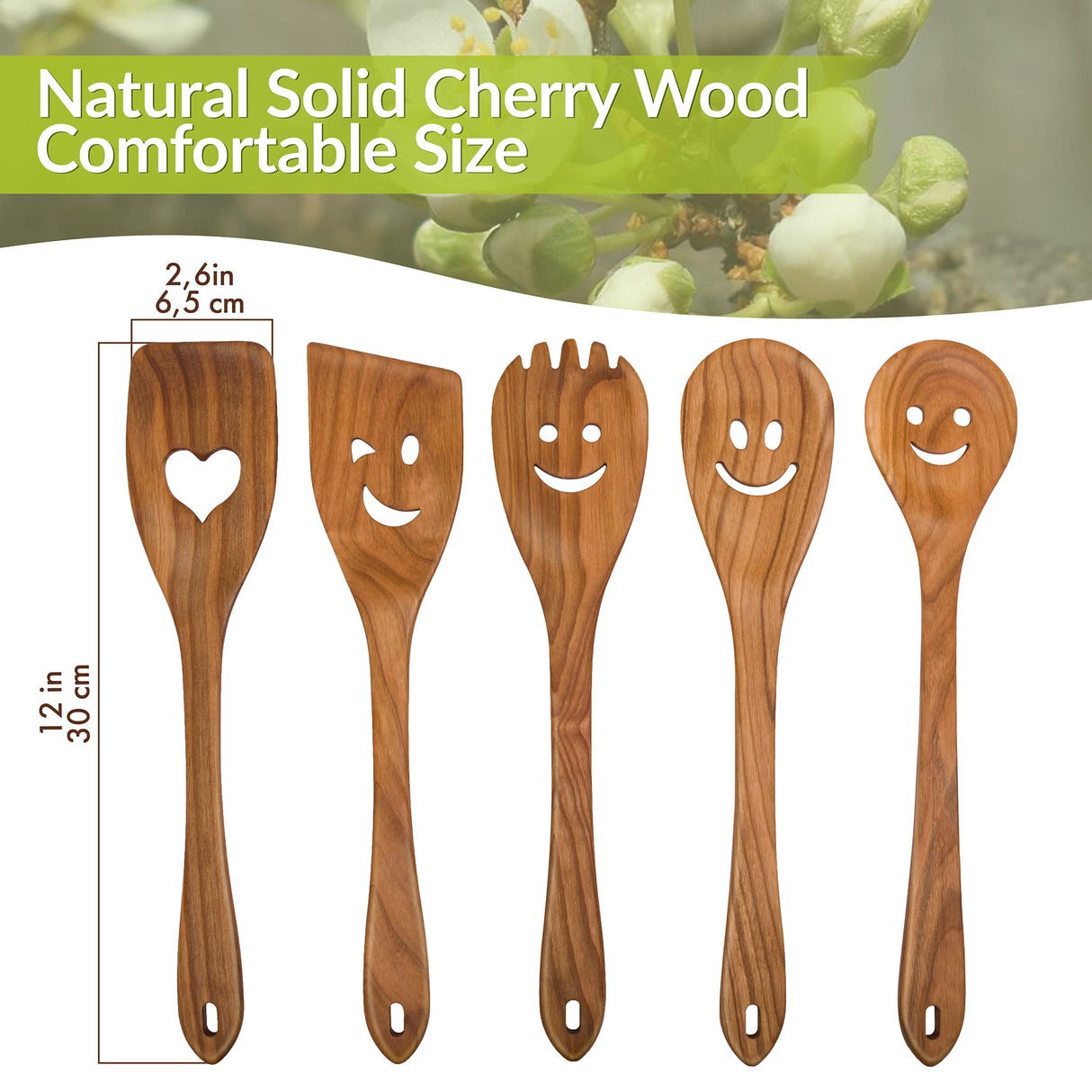 MFC 5-Piece Wooden Cooking Spoons - Kitchen Spatula Set from Natural Cherry Wood - Wooden Spoons for Cooking - Funny Wooden Utensil Set with Smiley Faces - Cooking Multipurpose Wooden Utensils MyFancyCraft