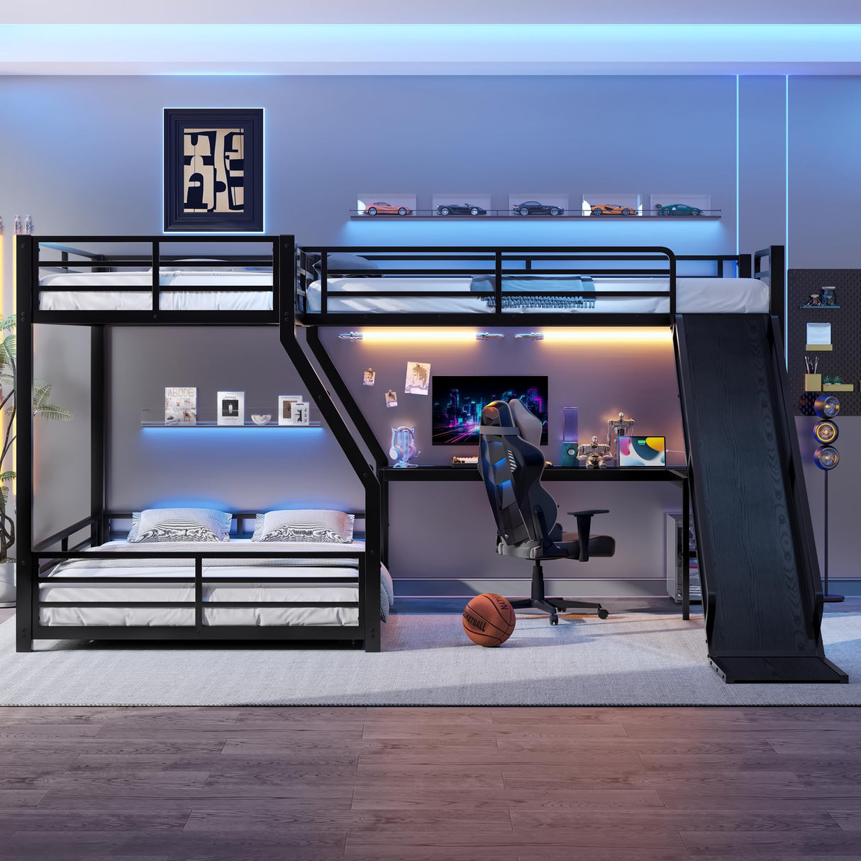 Quarte L-Shaped Twin Over Full Bunk Bed with Twin Size Loft Bed, Metal Triple Bunk Bed with Slide and USB Ports, Space-Saving,Designed for Kids Boys Girls Quarte