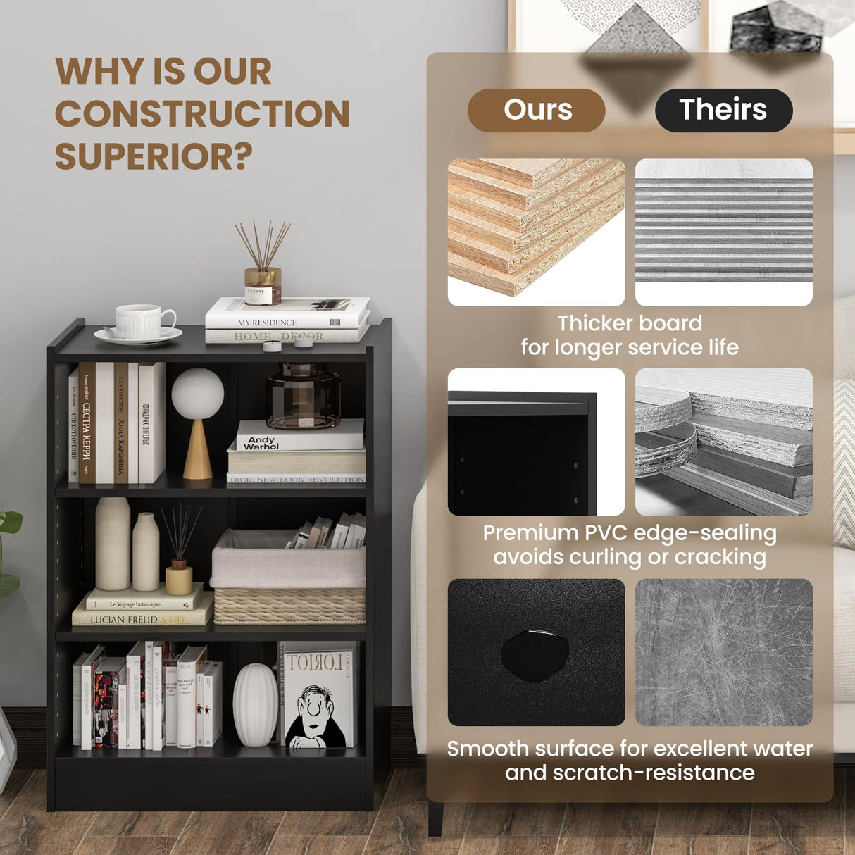 Giantex 3-Cube Bookcase Black - 3-Tier Modern White Open Bookshelf with Adjustable Shelves, Anti-Tipping Device, Small Wood Cube Storage Organizer for Kid’s Room, Living Room, Bedroom Giantex