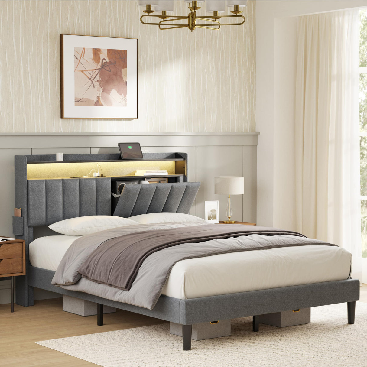 Modern Upholstered FYRENA Queen Bed Frame with Storage Headboard, LED Lights, USB Ports & Strong Wood Slats Support FYRENA