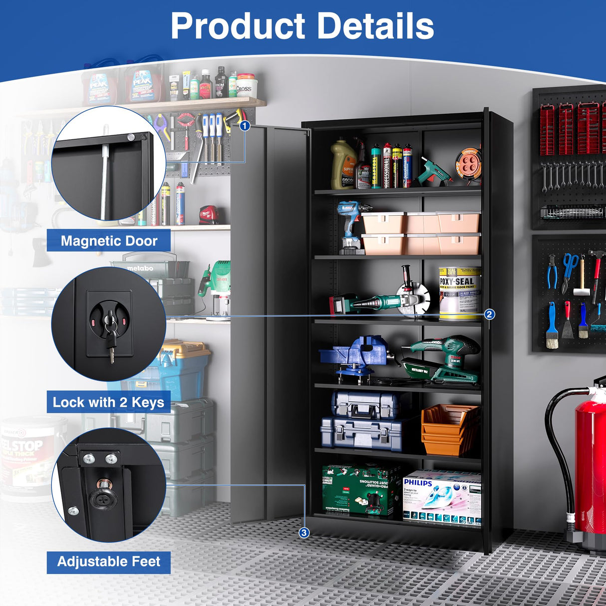 BYNSOE Metal Garage Storage Cabinet with 5 Adjustable Shelves Metal Locking Cabinet with Door Lockable Steel Tool Cabinets Door for Home, School, Office, Garage (Black, 71 inch) BYNSOE