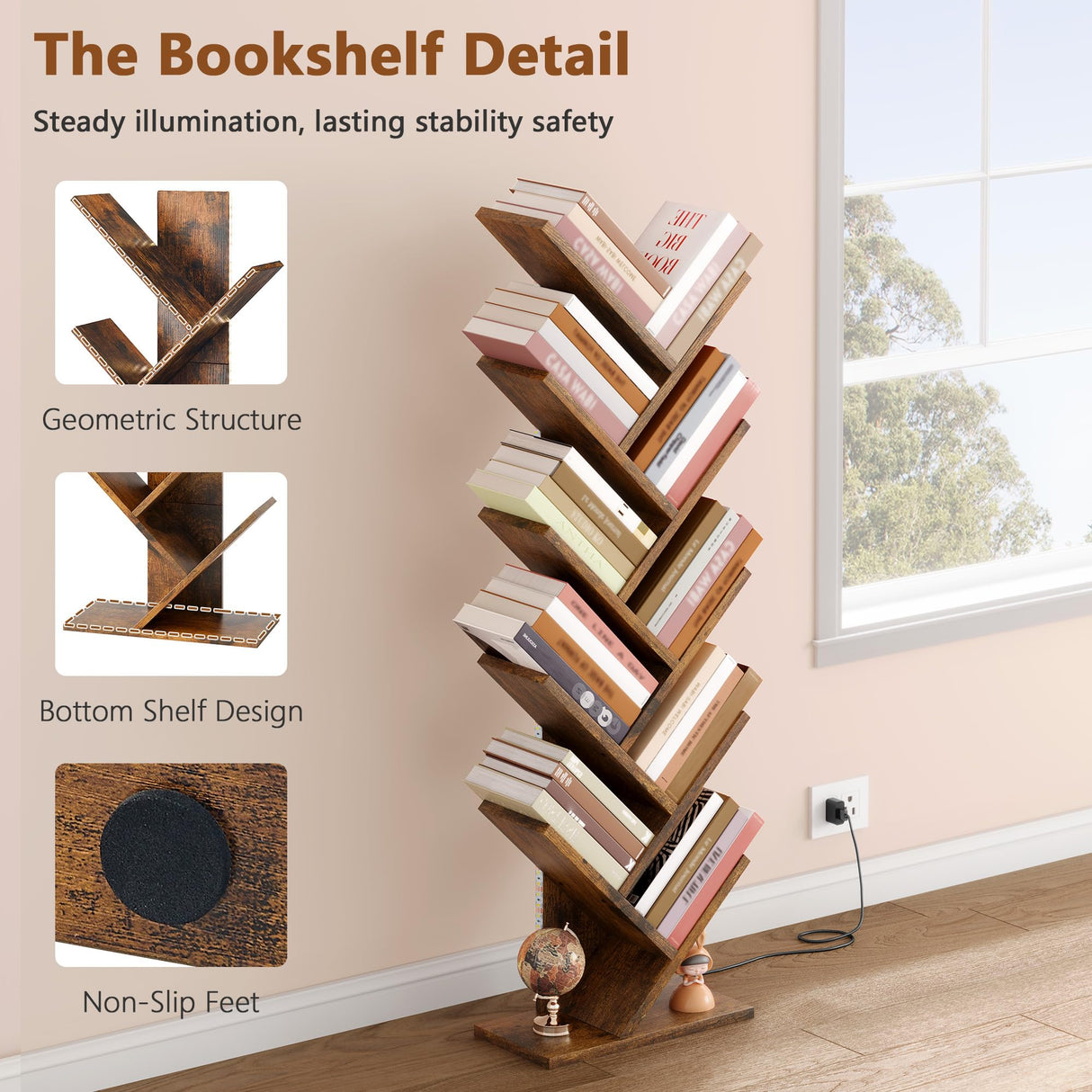 Hoctieon 10 Tier Tree Bookshelf, Tall Bookcase, Freestanding Book Shelf with LED Lights, Display Floor Standing Storage Shelf, Book Organizer Shelves for Home Office, Living Room, Rustic Brown Hoctieon