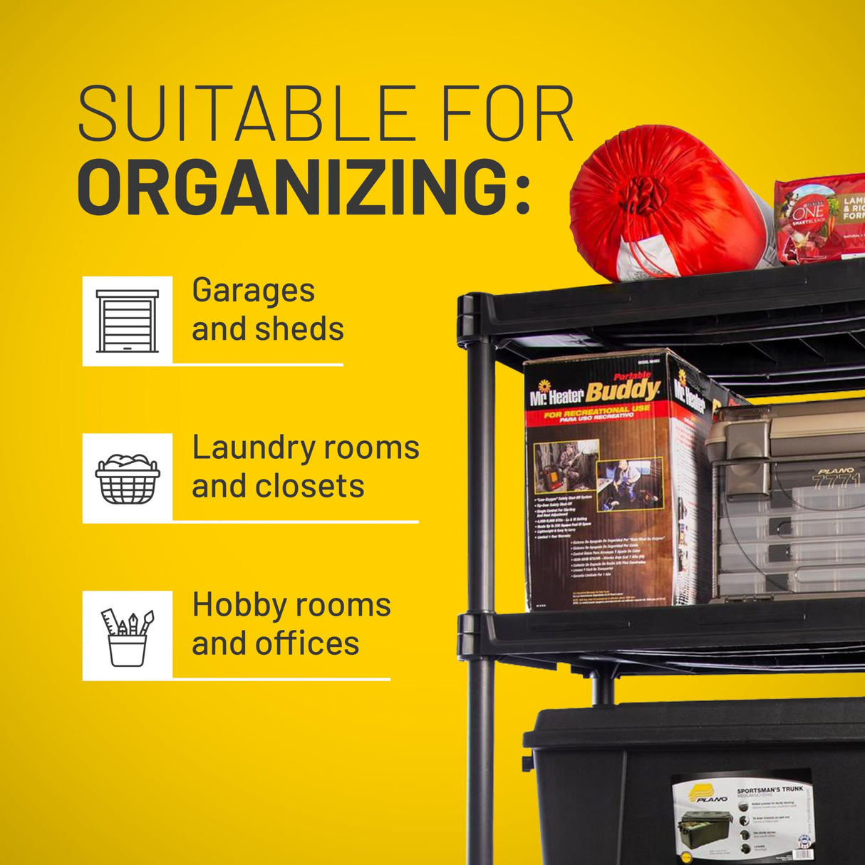 Plano 5-Shelf Plastic Storage Shelves, 73” x 36” x 18”, 750lb Capacity, Pantry, Office, Closet and Garage Shelves, Easy to Assemble, Durable Plastic Shelving Unit Plano