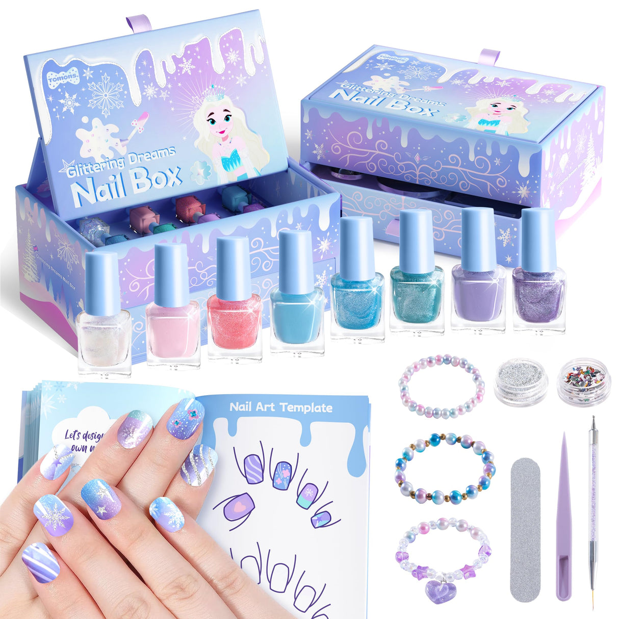 Tomons Kids Nail Polish Set for Girls, Non Toxic Nail Polish Art Kit for Kids Ages 7-12, Toys Gifts for 8 9 10 11 12 Girl, Bracelets, Glitter, Sequins, Stickers - 8 Colors Tomons