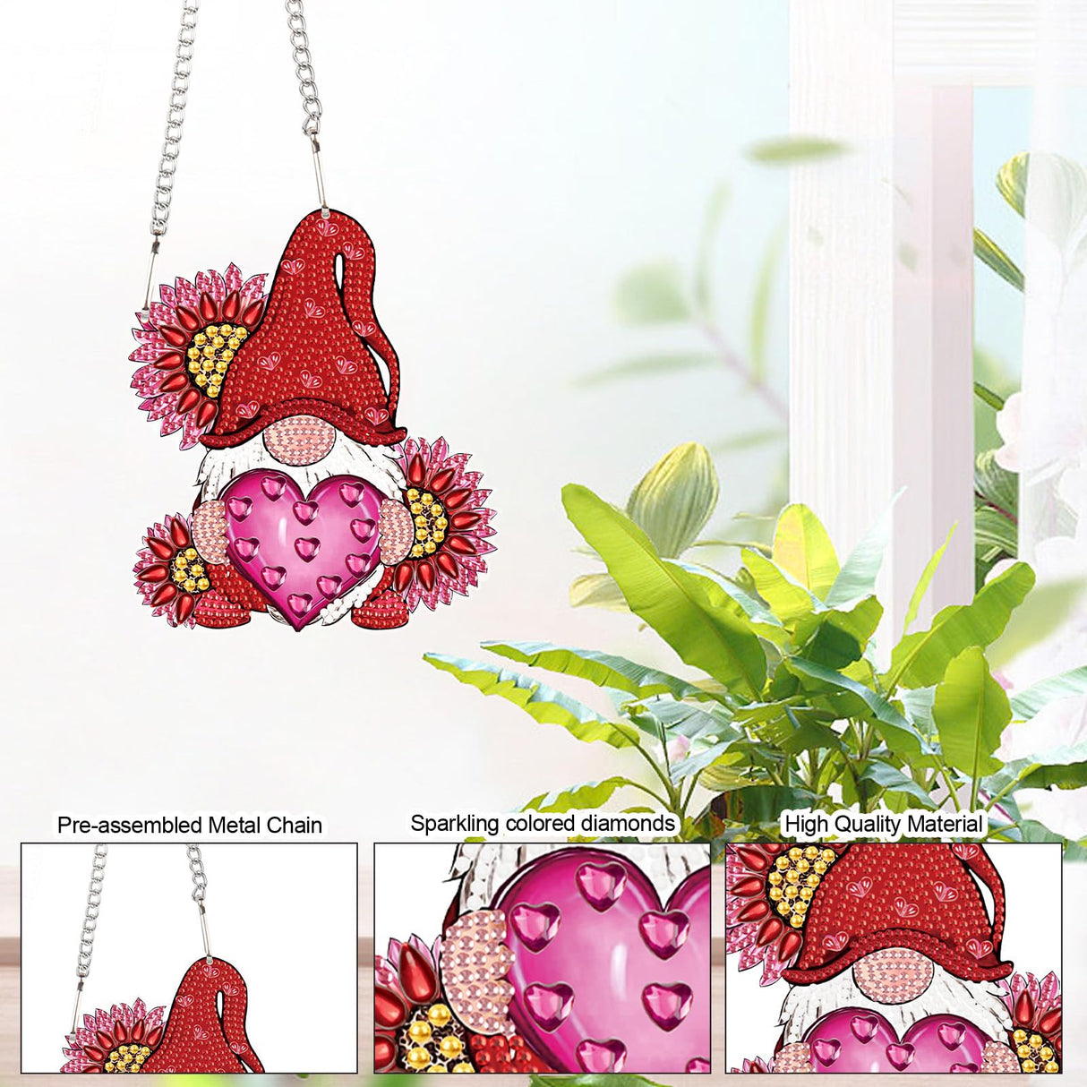 AiYuanzsh Love Gnome Diamond Painting Hanging Ornament, DIY 5D Diamond Art Pendant with Heart and Flowers, Special-Shaped Diamond Kit for Valentine's Day or Romantic Home Decoration AiYuanzsh