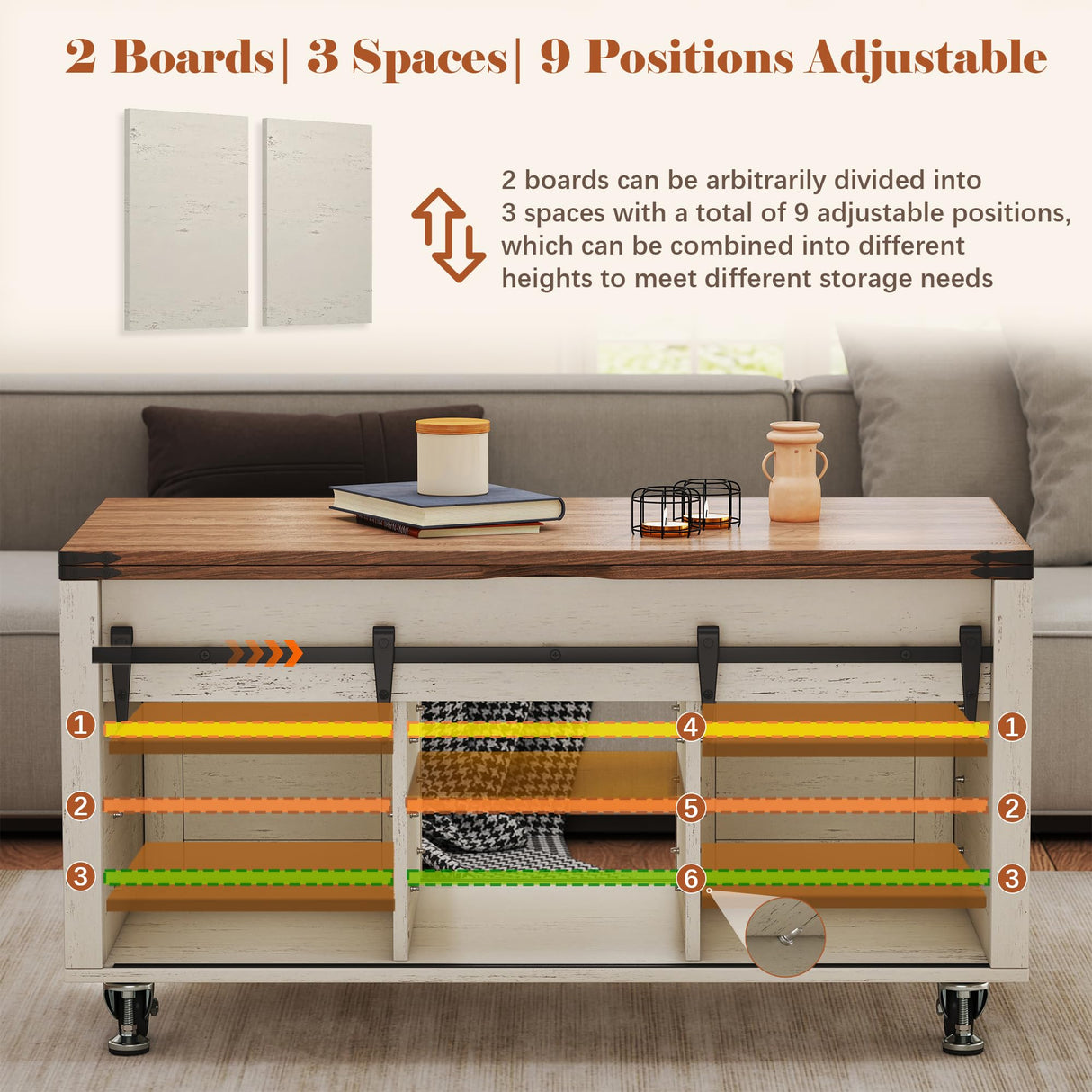 Turosur Lift Top Coffee Table with Storage, 4 in 1 Farmhouse Coffee Table with Lockable Rolling Wheels and Hidden Compartment, Center Table with 4 Sliding Barn Door for Living Room Turosur