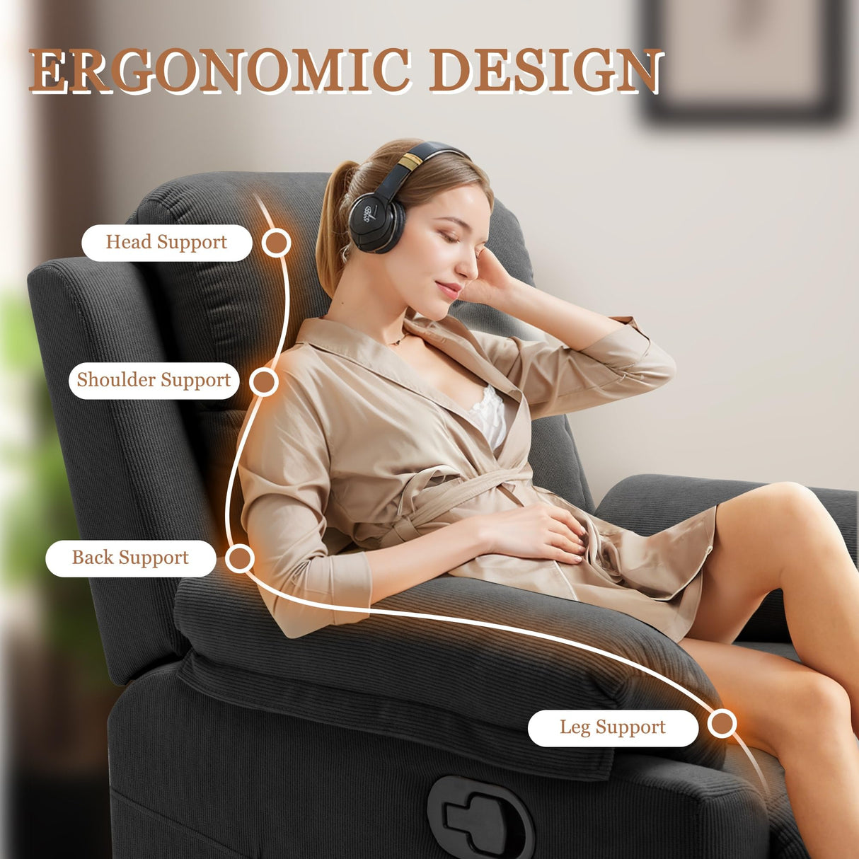 Recliner Chair for Adults, Small Recliner Chair for Small Spaces, Upholstered Corduroy Manual Recliner with Side Pockets, Reclining Chair for Living Room, Nursery, Black Korser