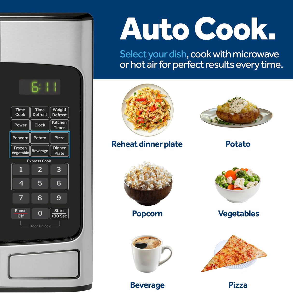 GE Countertop Microwave Oven, Compact 1.1 Cubic Ft., 950-watt Capacity, 6 Auto Cooking Settings, Child-Lock Technology, Kitchen Essentials for the Countertop, Dorm Room or Apartment, Stainless Steel GE