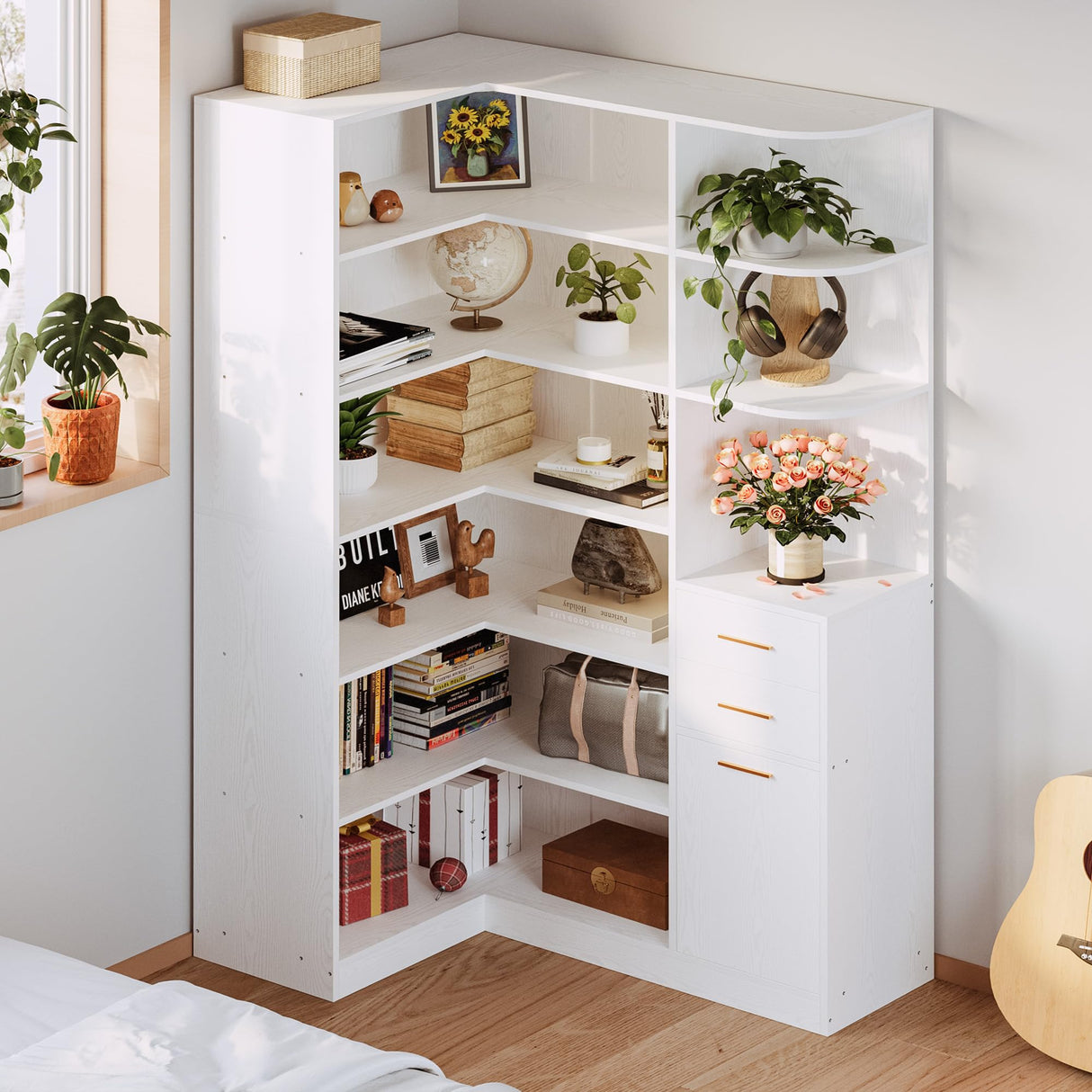 IRONCK Corner Bookshelf and Bookcase with 2 Drawer and 10 Open Shelves, 76.8" Height L Shaped Storage Shelf Corner Combination, for Living Room Home Office, Modern White IRONCK