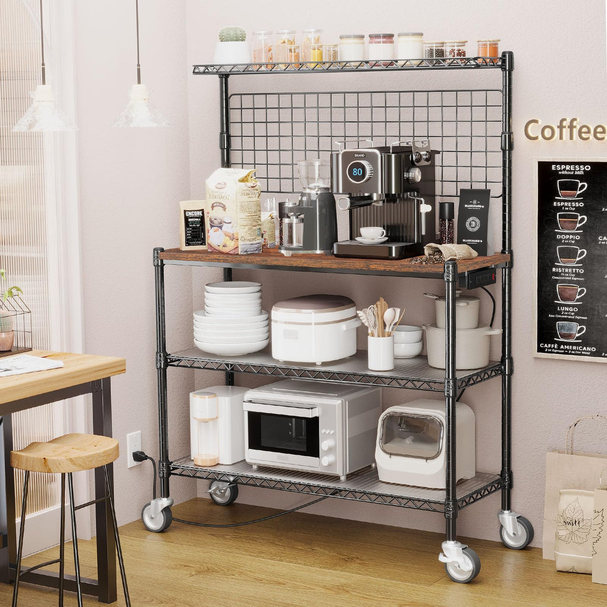 Leteuke Bakers Rack with Power Outlet & Storage, 36 Inch Microwave Stand Kitchen Cart, 4-Tier Metal Kitchen Shelves Cart with Wheels & 20 S-Hooks for Kitchen, NSF Certified, 63 x 18 x 36 Inch-Black Leteuke