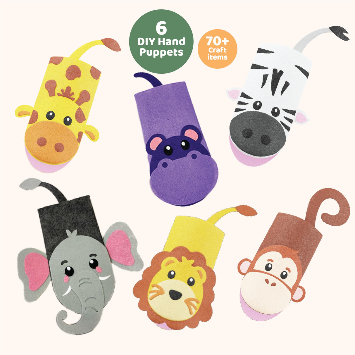 jackinthebox Hand Puppet Making Kit - 6 Safari Animals Felt Puppet Craft Kit for Kids, Creative DIY Arts & Crafts Kit Make Your Own Puppets, Storytelling Role Play, Great Craft Gifts for Kids Ages 4-8 jackinthebox
