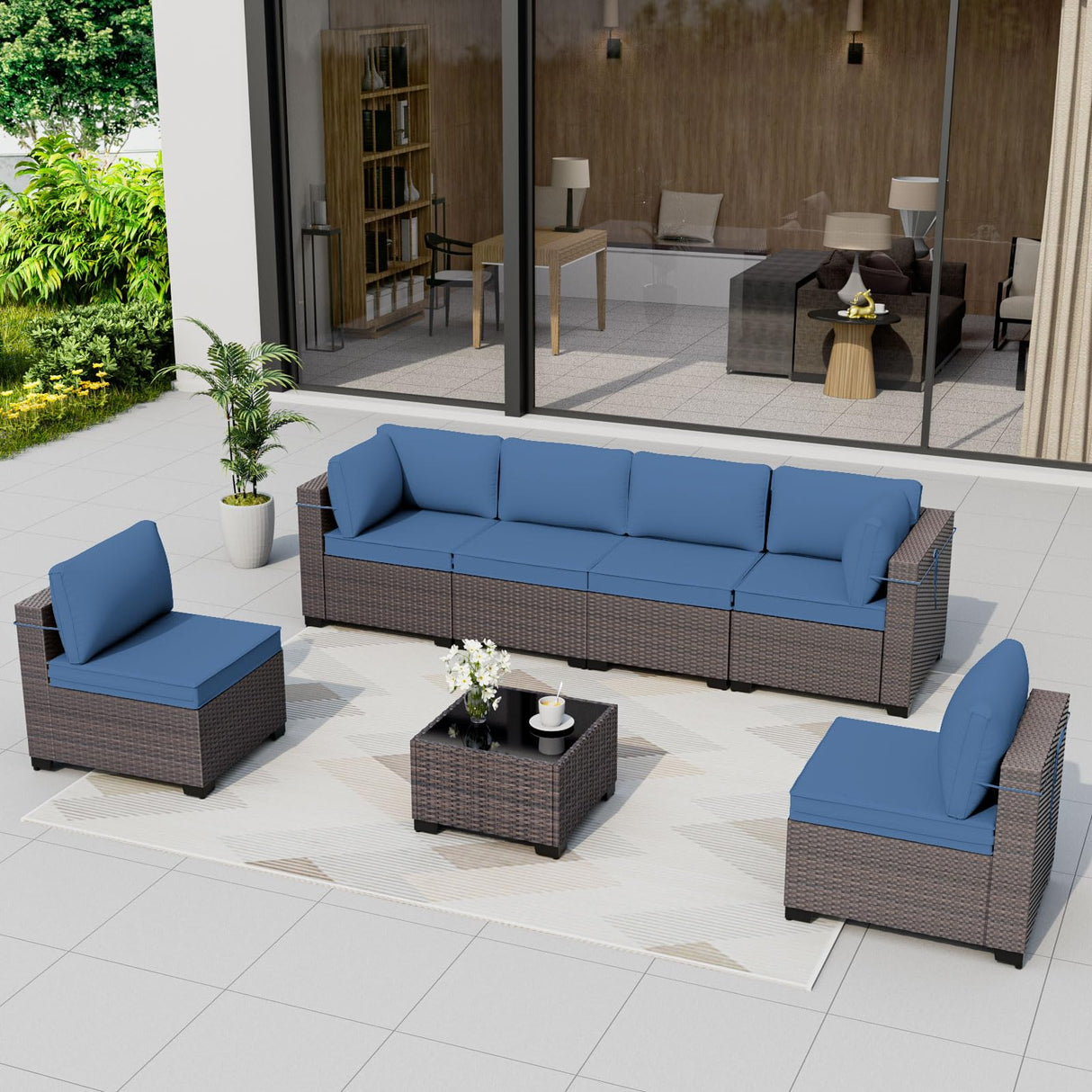 Gotland 7-Piece Outdoor Patio Furniture Set - All-Weather PE Rattan Sectional Wicker with Replaceable Navy Waterproof Cushions & Coffee Table Gotland