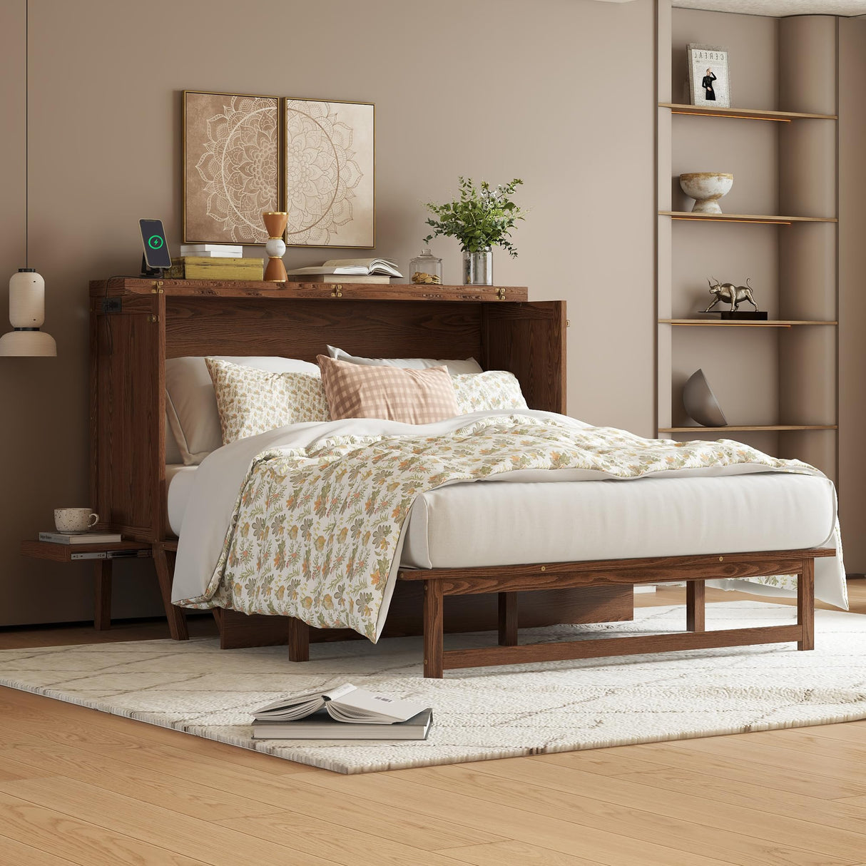 LUMISOL Queen Size Murphy Cabinet Bed, Solid Wood Folding Bed Frame with USB Port and Removable Shelves on Each Side for Home Office, Guest Room, Walnut LUMISOL