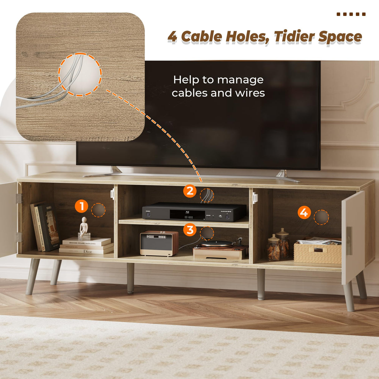 SUPERJARE TV Stand for 55 Inch TV, Entertainment Center with Adjustable Shelf, 2 Cabinets, TV Console Table, Media Console, Solid Wood Feet, Cord Holes, for Living Room, Bedroom, Gray and White SUPERJARE