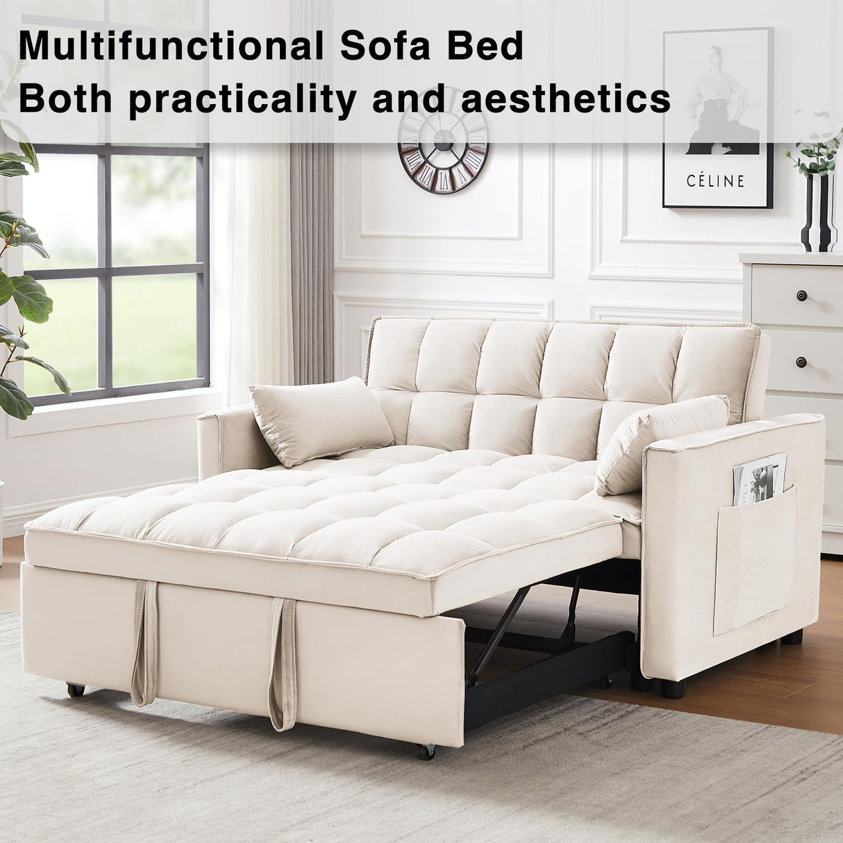 Wakefit 3 in 1 Convertible Sleeper Sofa Bed, Futon Couches for Living Room with Side Pocket | Adjustable Backrest| Velvet Fabric | Pull Out Couch | Recliner Loveseat | Sectional Sofa, Creamywhite Wakefit