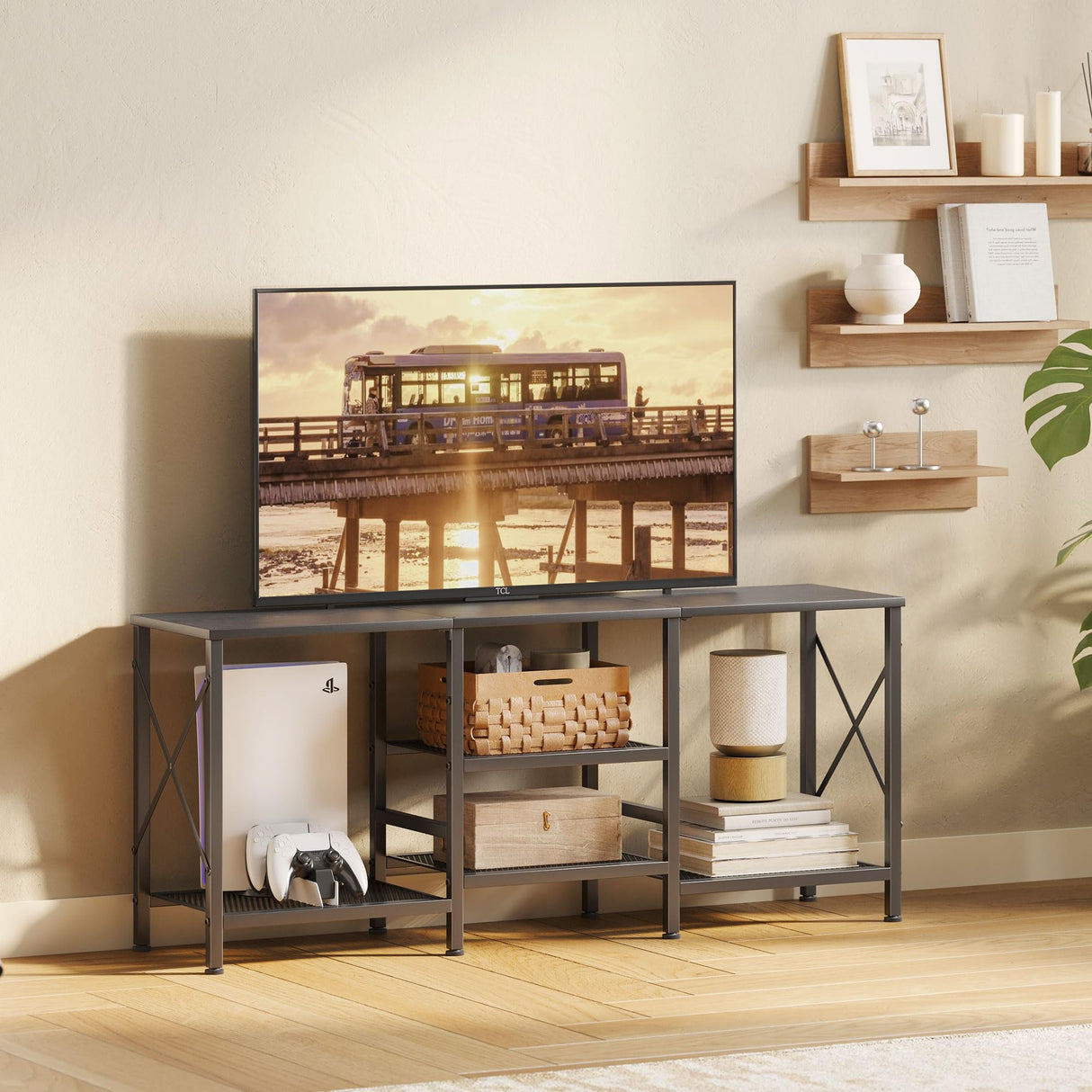 JARHETUN TV Stand for 55 Inch TV, Entertainment Center with 3-Tier Open Shelves, TV Console Table for Living Room, Bedroom, Black JARHETUN