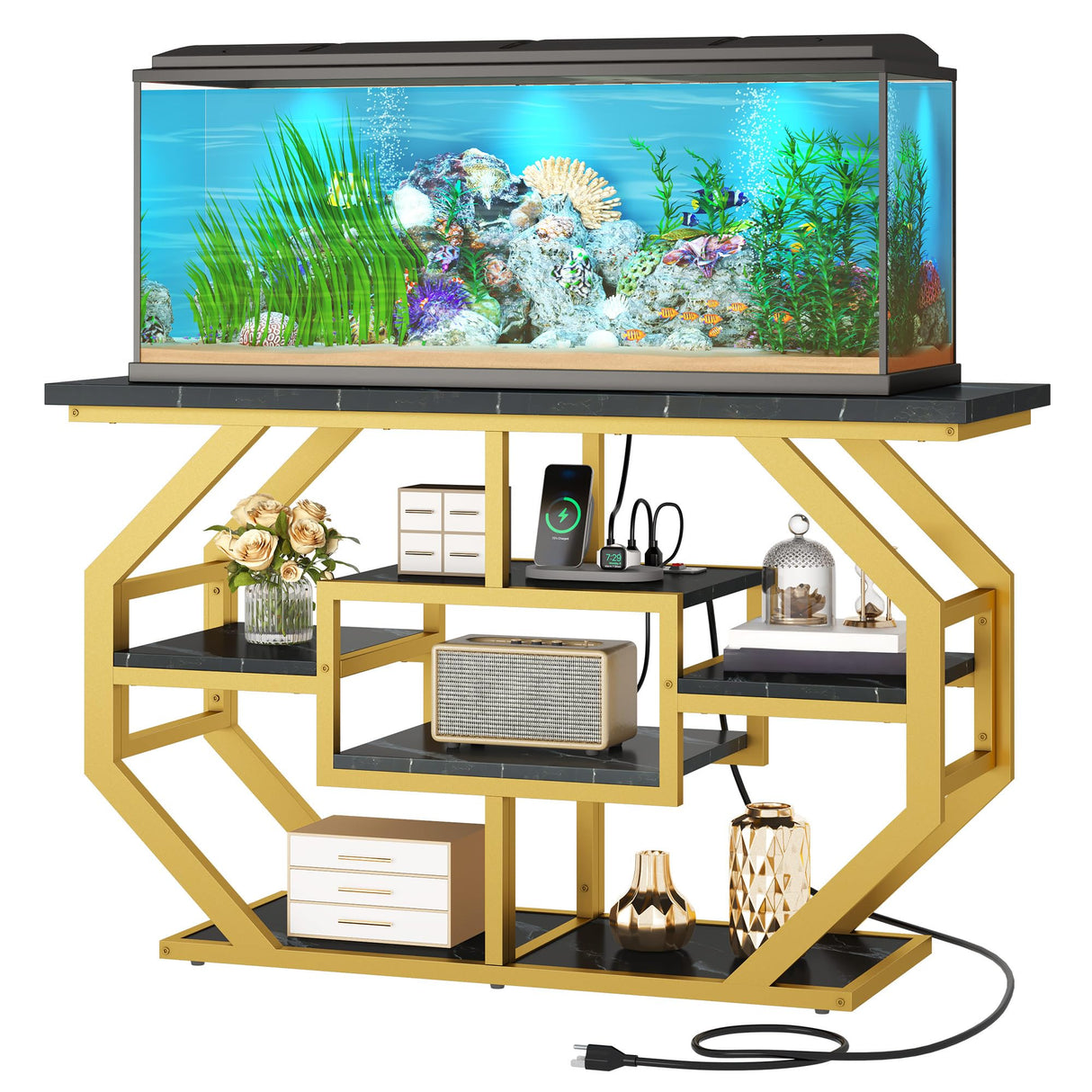 DWVO 55-75 Gallon Aquarium Stand with Power Outlet, Display Stand for Turtle Tank, Reptile Terrarium, Metal Fish Tank Stand Suitable for Living Room, Entryway, 860LBS Capacity, Black & Gold DWVO