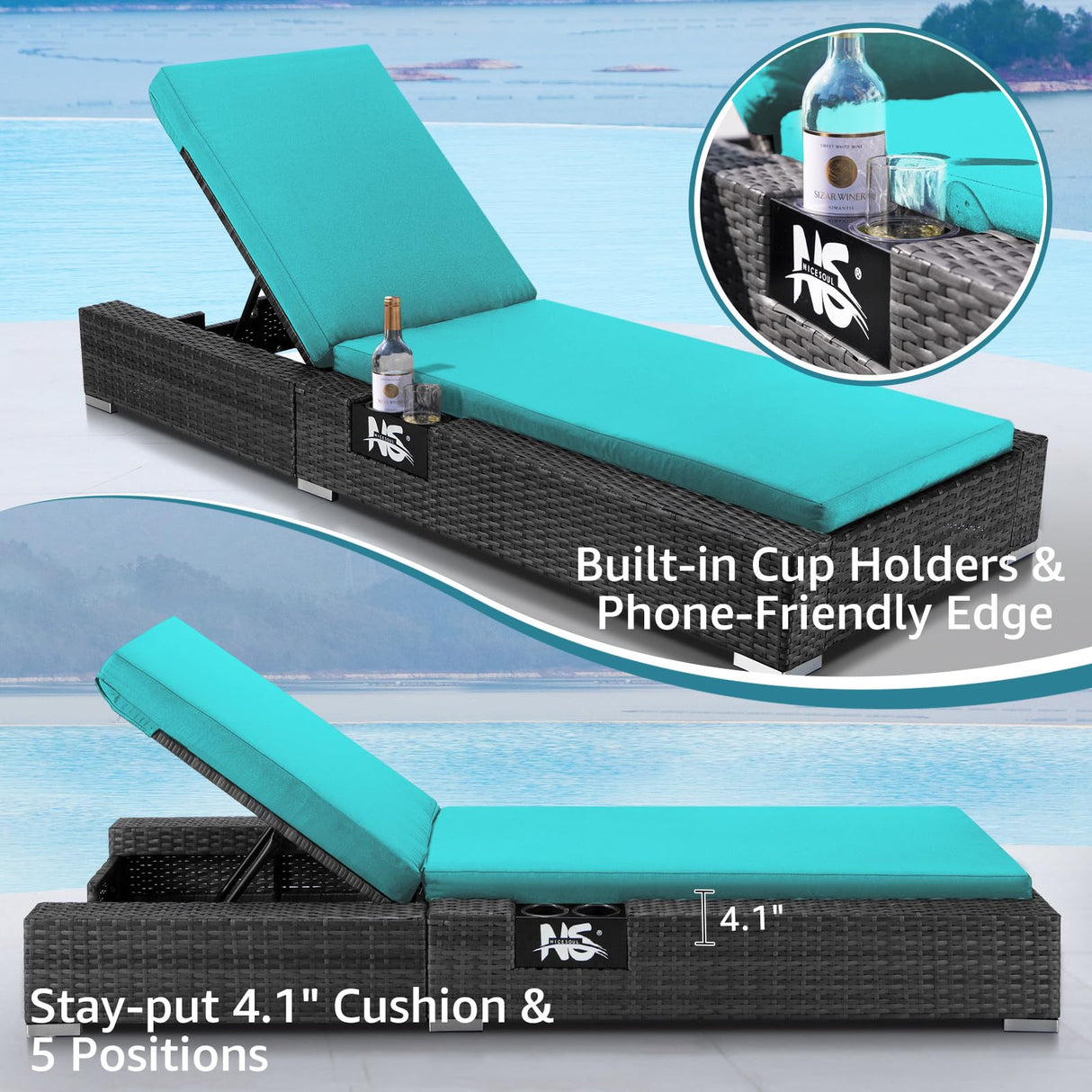 NICESOUL 11-Piece Patio Furniture with Chaise Lounge, Modern Wicker Outdoor Sectional with Fire Pit, Comfortable 29.3'' High-Back Conversation Seating, Heavy Duty All-Weather Couch Set, Grey & Teal NICESOUL