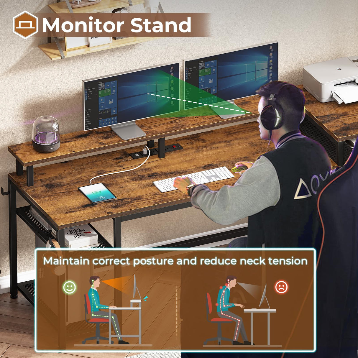 SEDETA 59" Office Desk with Drawers, Reversible Computer Desk with File Drawers & Storage, Gaming Desk with LED Lights & Power Outlet, Home Office Desks for Printer, Rustic Brown SEDETA