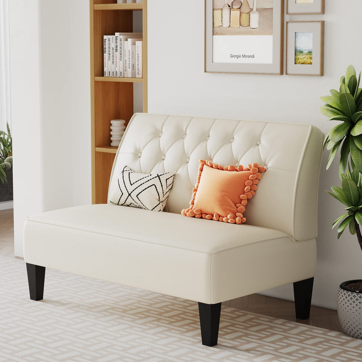 Alunaune Upholstered Loveseat Bench Couch for Bedroom, Modern Anti Scratch Cushioned Armless Settee Small Love Seat Sofa Faux Leather Living Room Couch-Beige Alunaune