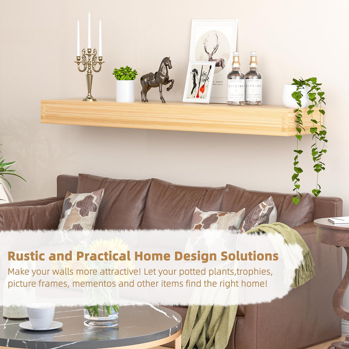 AZSKY Natural Wood Floating Fireplace Mantel Shelf 36 Inch Mantels for Over Fireplace Wall Mounted Farmhouse Fireplace Mantel Shelf with Invisible Bracket One Piece Floating Book Shelves AZSKY