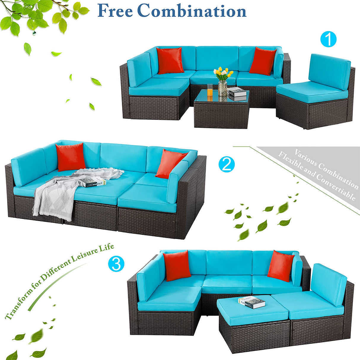 Vongrasig 6 Piece Small Patio Furniture Sets, Outdoor Sectional Sofa All Weather PE Wicker Patio Sofa Couch Garden Backyard Conversation Set with Glass Table,Blue Cushions and Red Pillows (Blue) Vongrasig