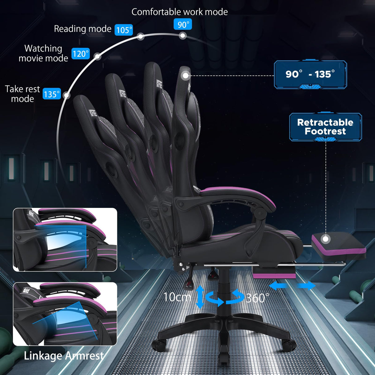 HOFFREE Gaming Chair with Speakers Massage Big and Tall Gaming Chairs with Footrest and Bluetooth for Adults 400lbs Reclining High Back Computer Desk Chair Purple and Black HOFFREE