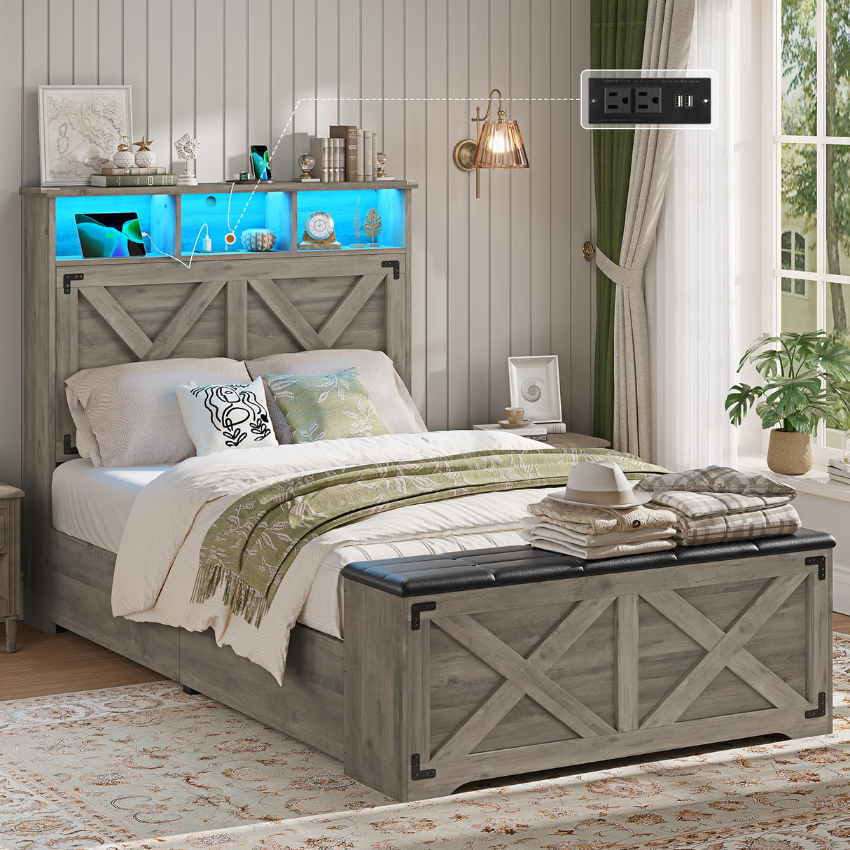 Hasuit Farmhouse Bed Frame Twin Size with Storage Headboard, Charging Station and LED Light, Wooden Twin Bed Frame with Storage Ottoman, Barn Door Design, No Box Spring Needed, No Noise (Oak Grey) Hasuit