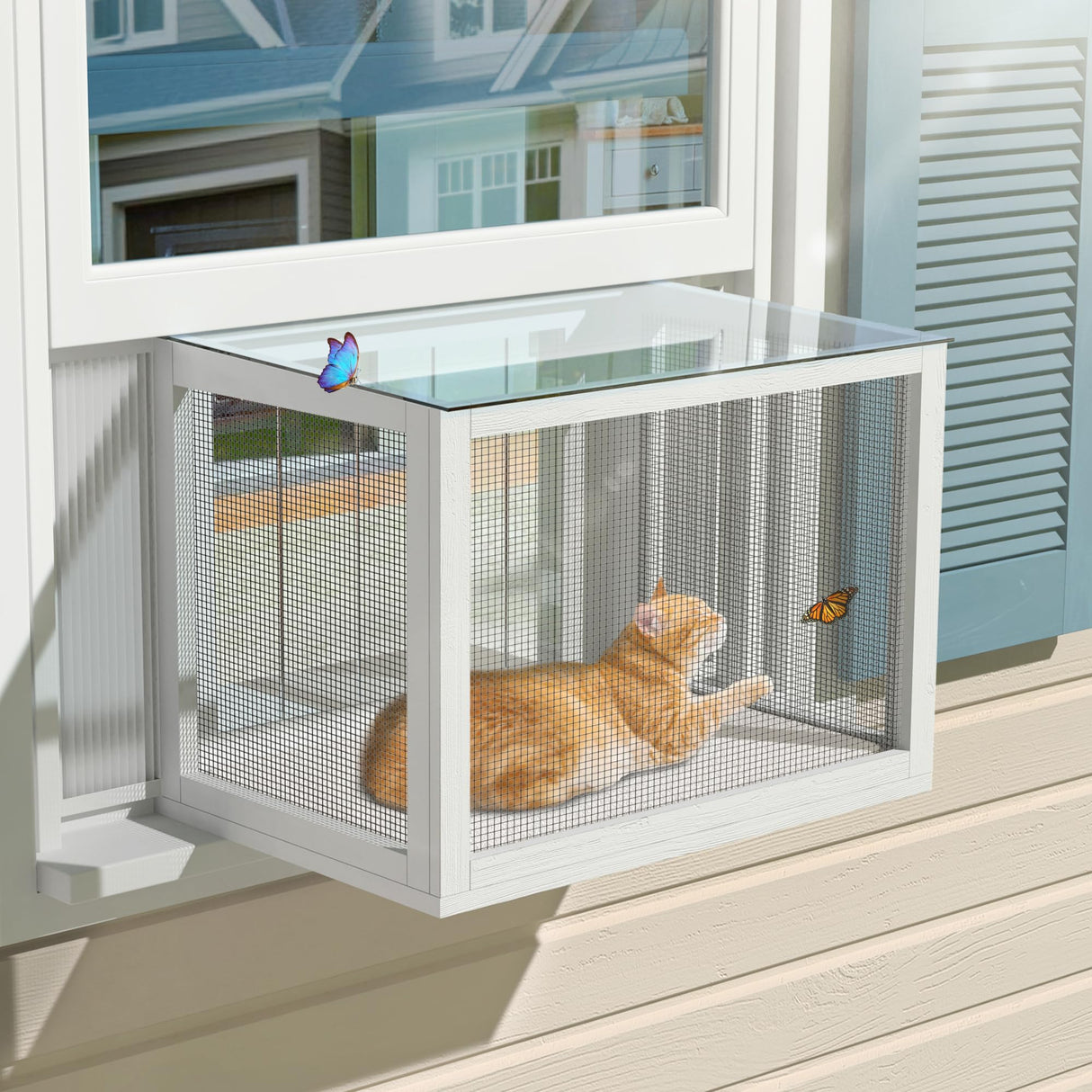 Cat Window Box, Universal Cat Window Perch Catio with Waterproof Transparent Top Fits Double Hung Frames 24" to 42.5" Wide, for Sunbathing, Napping & Nature Viewing GDLF