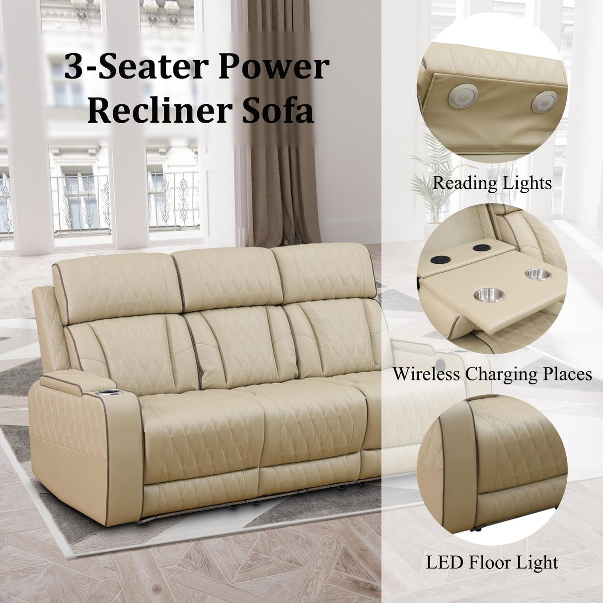 Ocstta Power Recliner Sofa Set with LED, Breathing Leather Living Room Furniture, Leather Couches Reclining Sofa with Cup Holders/Storage/USB Ports (3 Piece Living Room Set, Khaki) Ocstta
