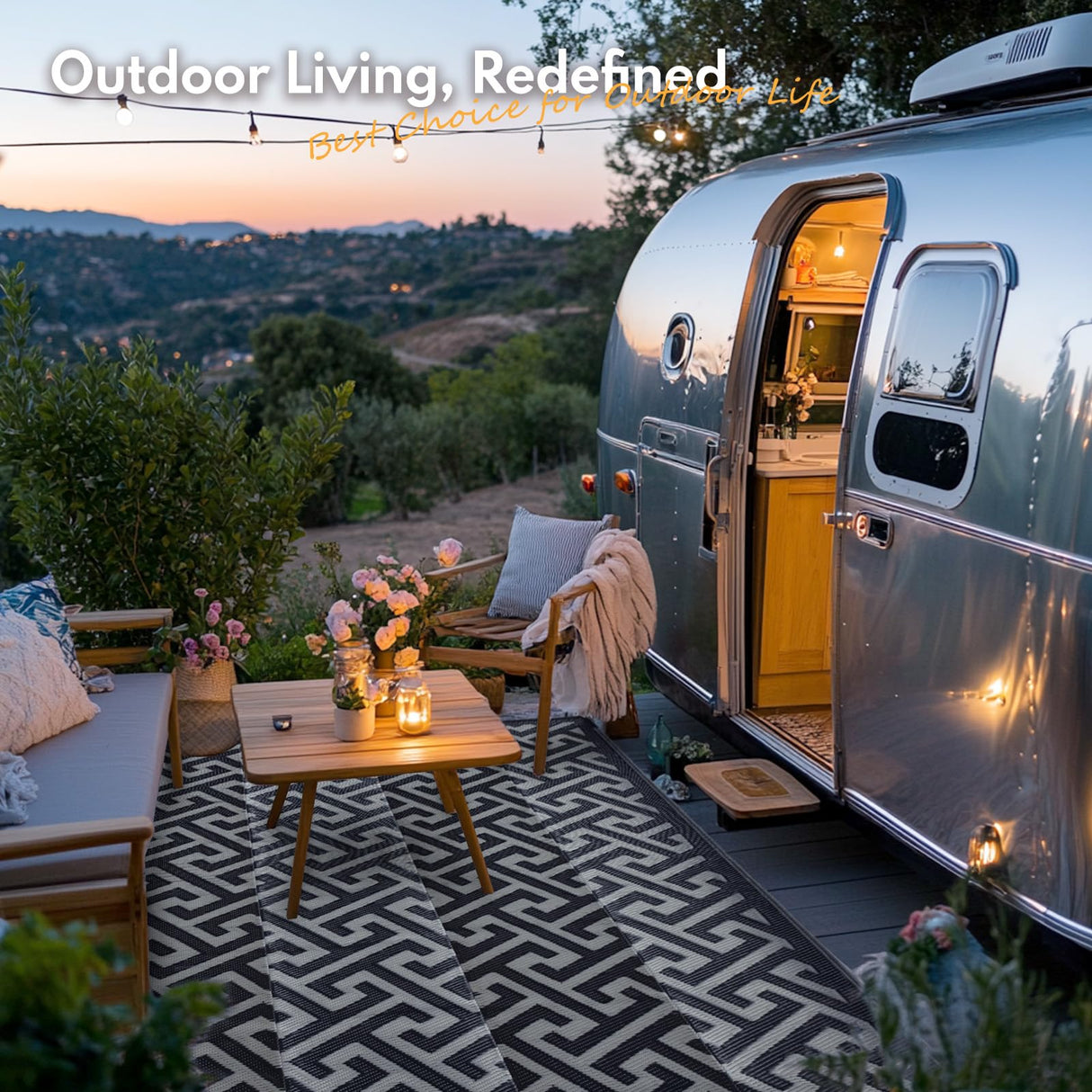 Waterproof Outdoor Rug 5x8 ft, Reversible Plastic Straw Rug, Easy to Clean Patio Rug, Portable Carpet for Patio, RV, Deck, Balcony, Backyard, Picnic, Beach, I-Shaped, Black PASAMIC