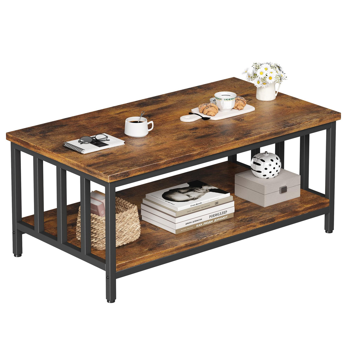 Homeiju Coffee Table for Living Room, Farmhouse Living Room Table with Slatted Sides Frame for Home Office, Apartment, 39 inch Rustic Black and Brown Homeiju