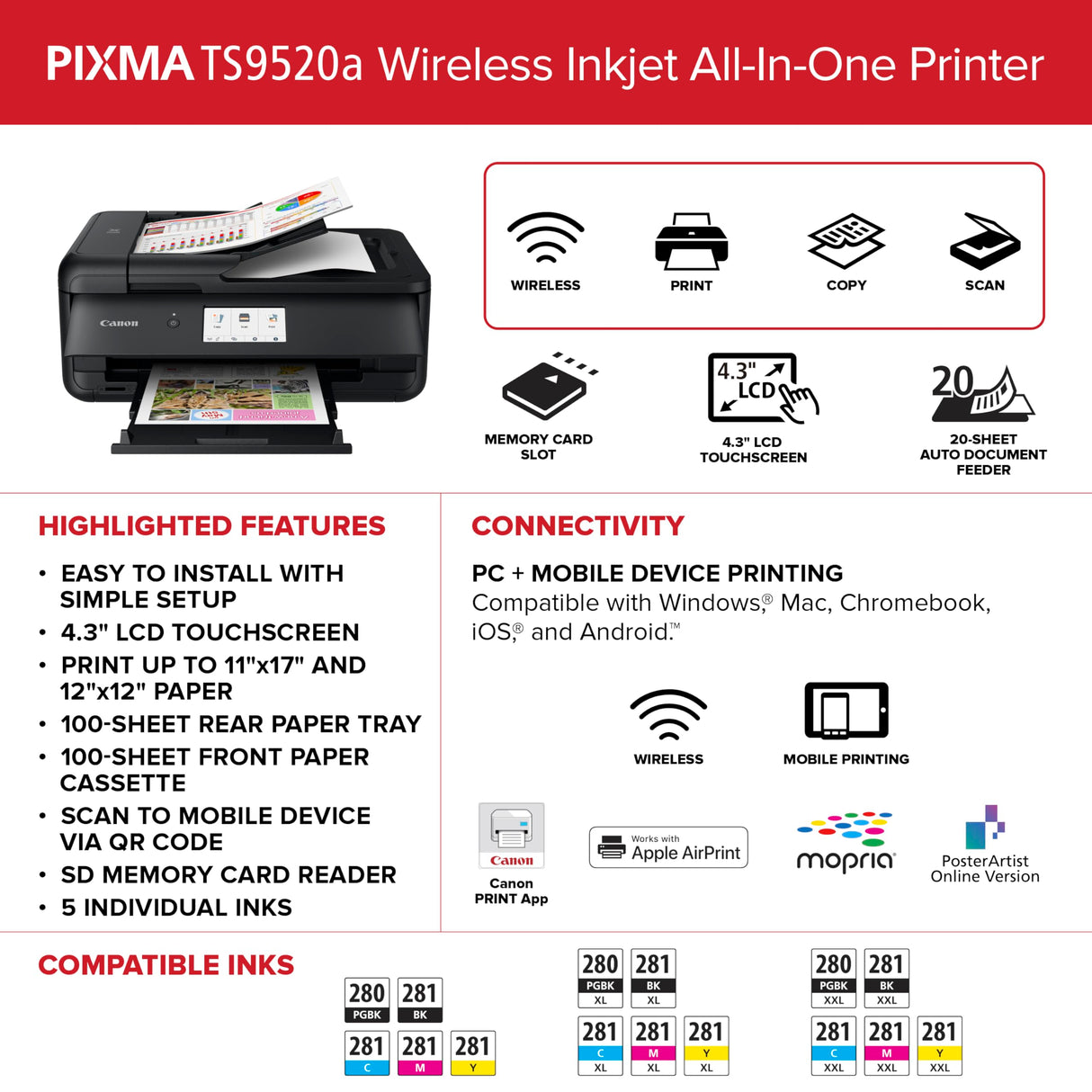 Canon PIXMA TS9520a – Wireless Home All-in-One Inkjet Printer Canon