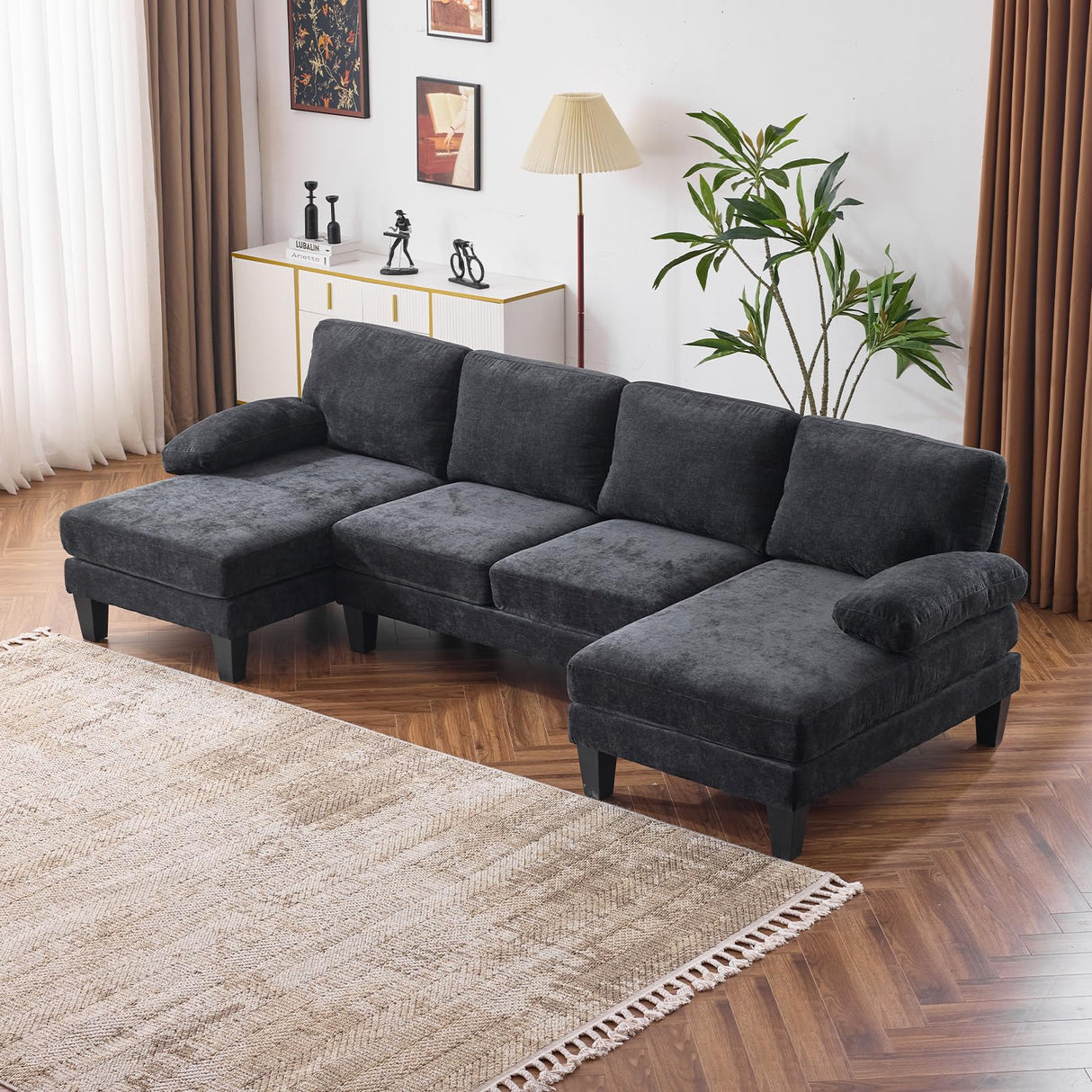 VINGLI 110" Sectional Couches for Living Room,U Shaped Couch with Double Chaise, 4-Seat Sofa Set with Chenille Fabric for Home Furniture,Black VINGLI