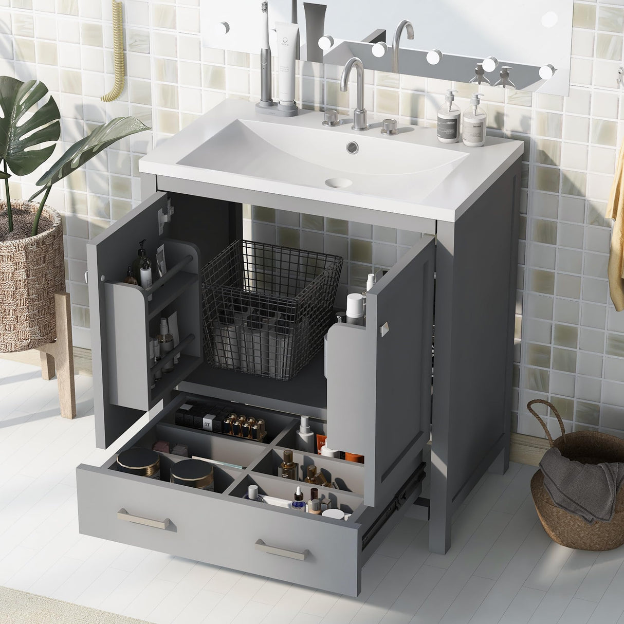 Merax 30" Bathroom Vanity with Single Sink, Combo Cabinet Undermount Sink, Bathroom Storage Cabinet with 2 Doors and a Drawer, Soft Closing, Multifunctional Storage, Solid Wood Frame, Gray Merax